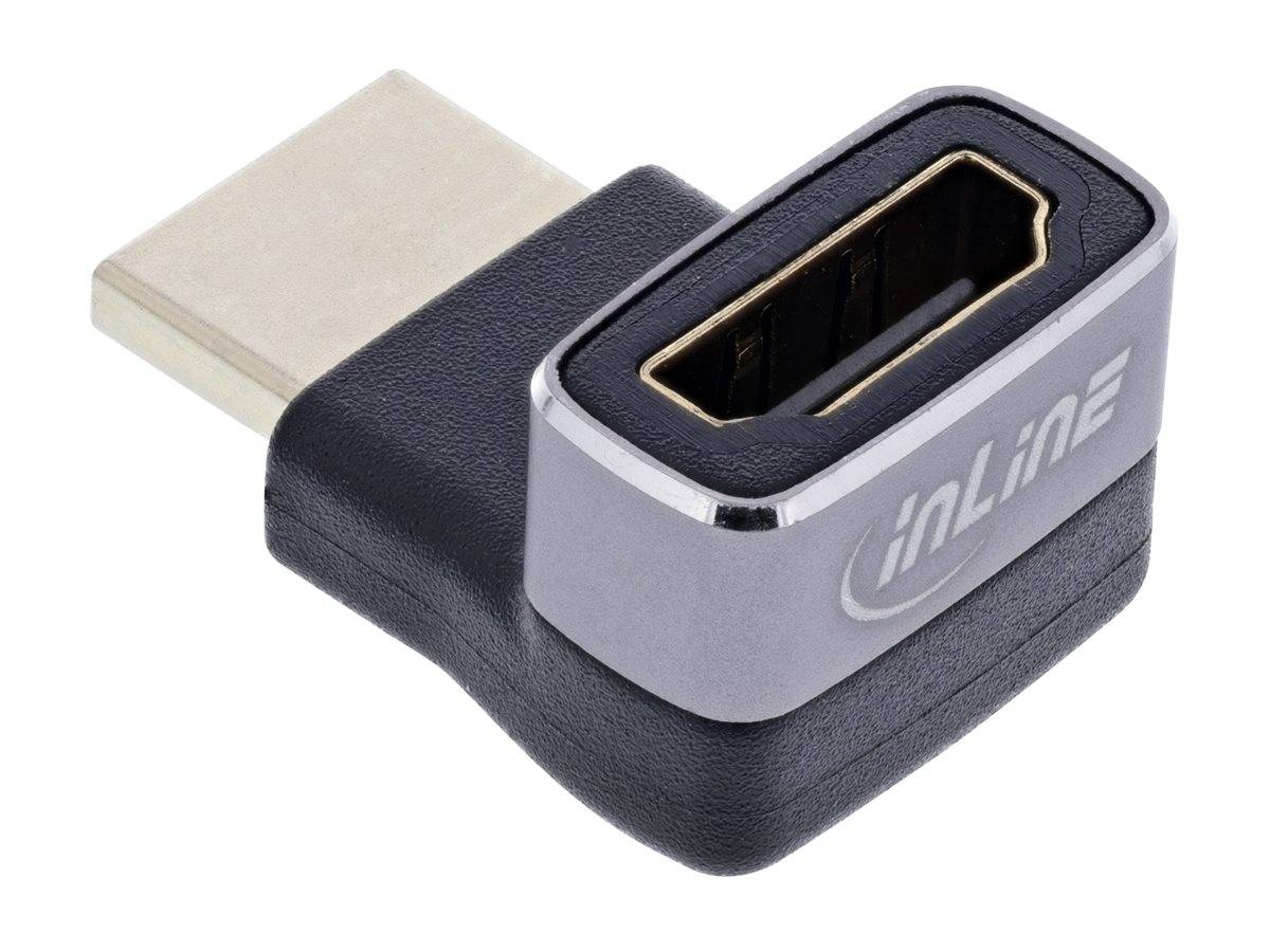 Ein HDMI-Adapter mit Winkeldesign, ausgestattet mit einem silbernen Gehäuse und schwarzem Anschluss, mit der Markenbezeichnung 'inline' an der Seite.
