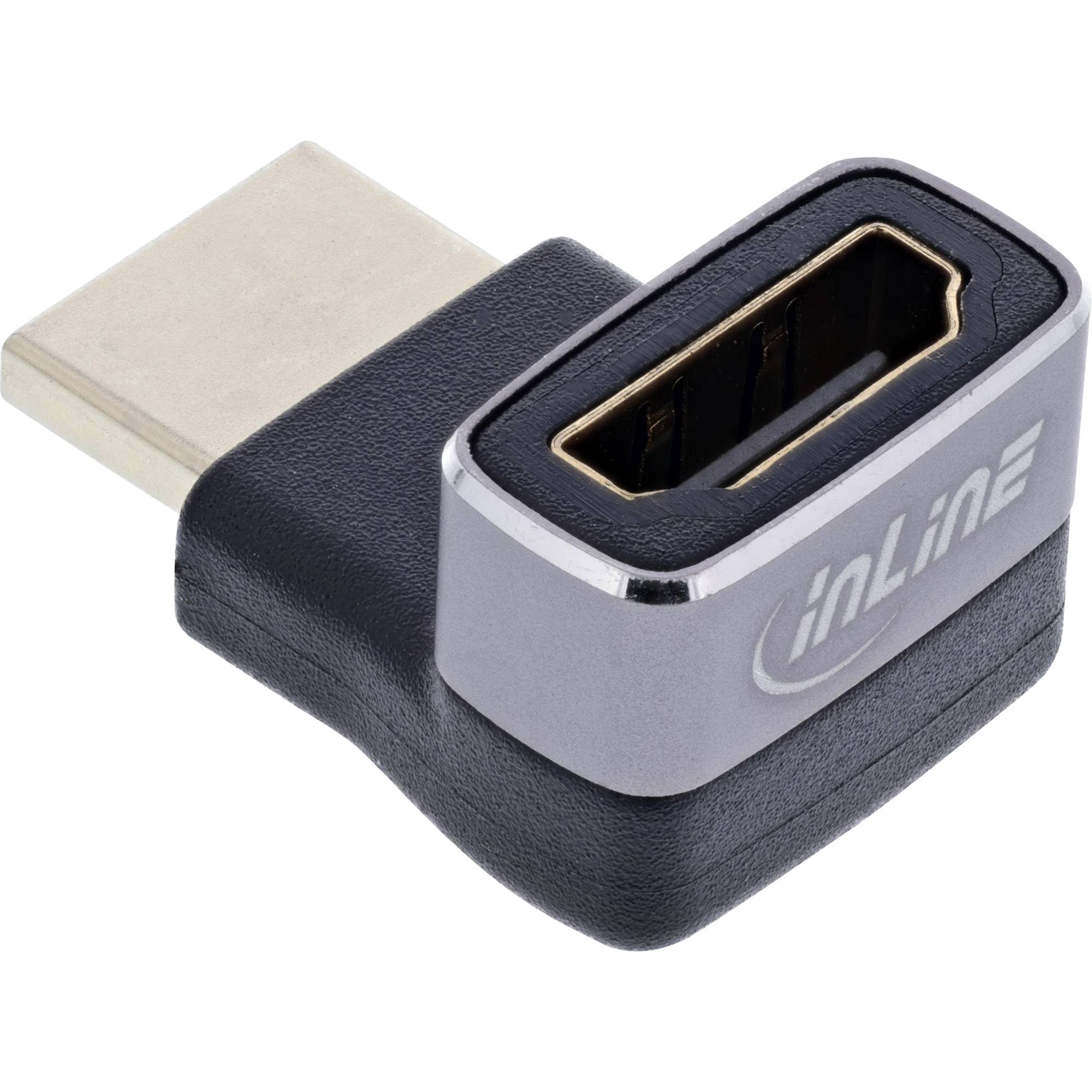 Kompakter HDMI-Winkeladapter mit silbernem 'INLINE' Logo, entwickelt für die Verbindung von Kabeln in engen Räumen ohne Biegung.