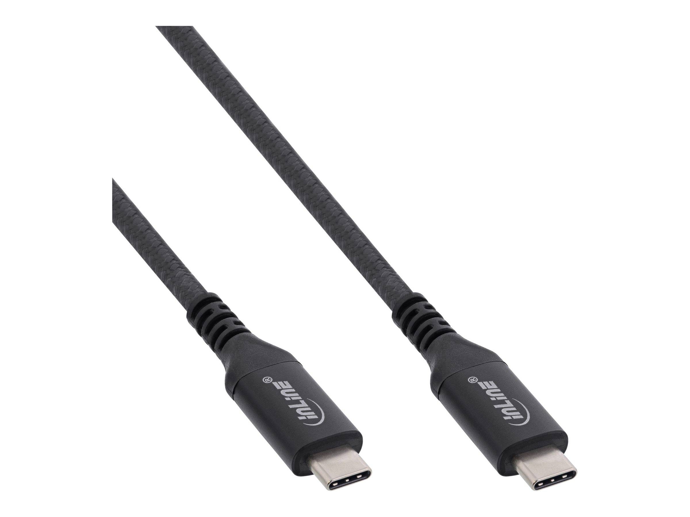 Ein schwarzes USB-C-Kabel mit Anschlüssen an beiden Enden, entwickelt zum Laden und Datentransfer zwischen kompatiblen Geräten.