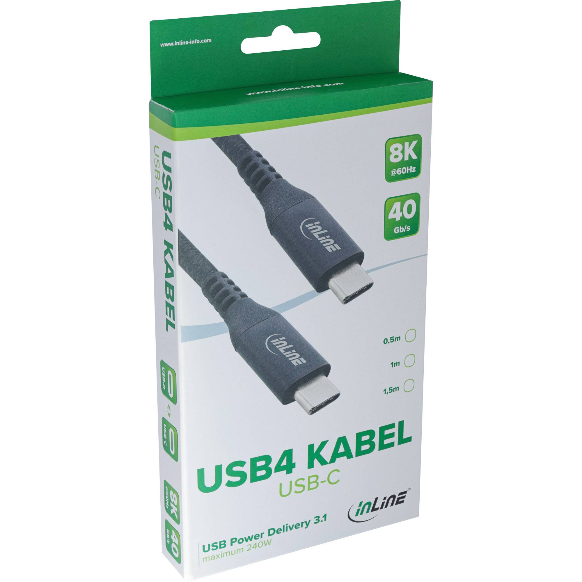 USB4 Kabel USB-C mit Abbildung des Kabels. Merkmale umfassen '8K 60Hz', '40 Gb/s', Längen 0,5m, 1m, 1,5m, 'USB Power Delivery 3.1'.