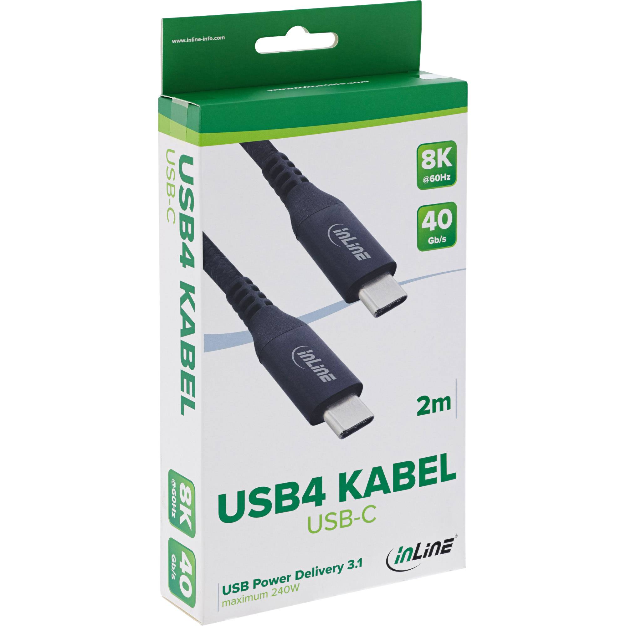 USB4 Kabel, USB-C, 8K, 40 Gb/s, 2m, USB Power Delivery 3.1, max. 240W, inLine