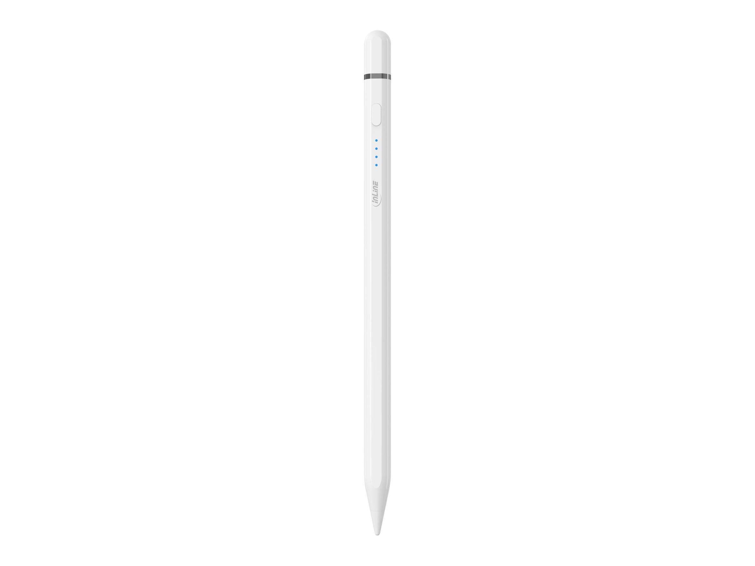 Ein weißer Stylus-Stift mit elegantem Design, ausgestattet mit einer kleinen LED-Anzeige und einem Markenlogo, der zum digitalen Zeichnen oder Schreiben verwendet wird.