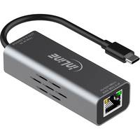 Ein Ethernet-Adapter mit einem USB-C-Kabel und einem Ethernet-Anschluss, beschriftet mit 'Inline', der verwendet wird, um ein USB-C-Gerät mit einem kabelgebundenen Netzwerk zu verbinden.