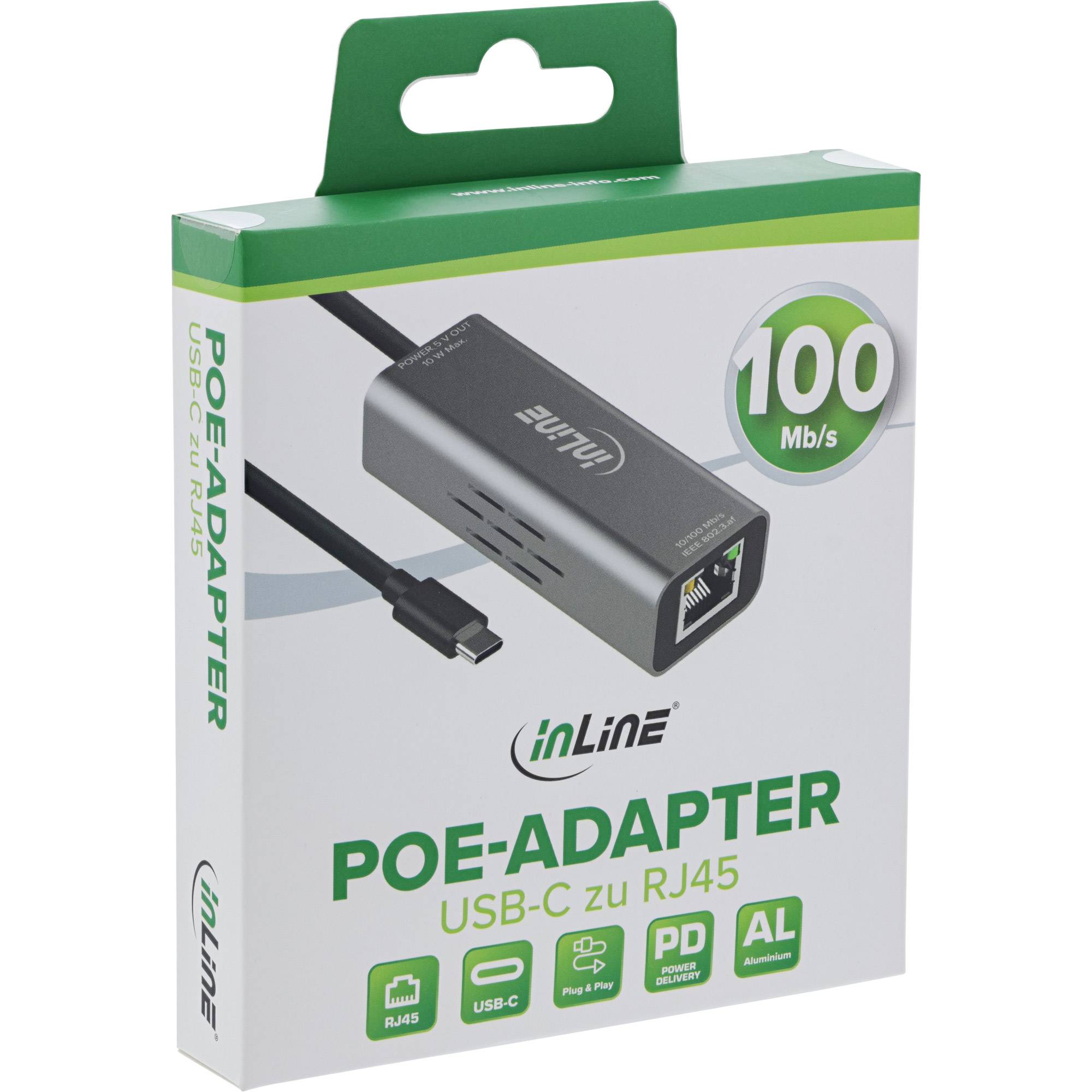 Das Bild zeigt die Verpackung eines inLine PoE-Adapters. Es handelt sich um einen USB-C zu RJ45 Adapter mit einer Datenrate von 100 Mb/s.