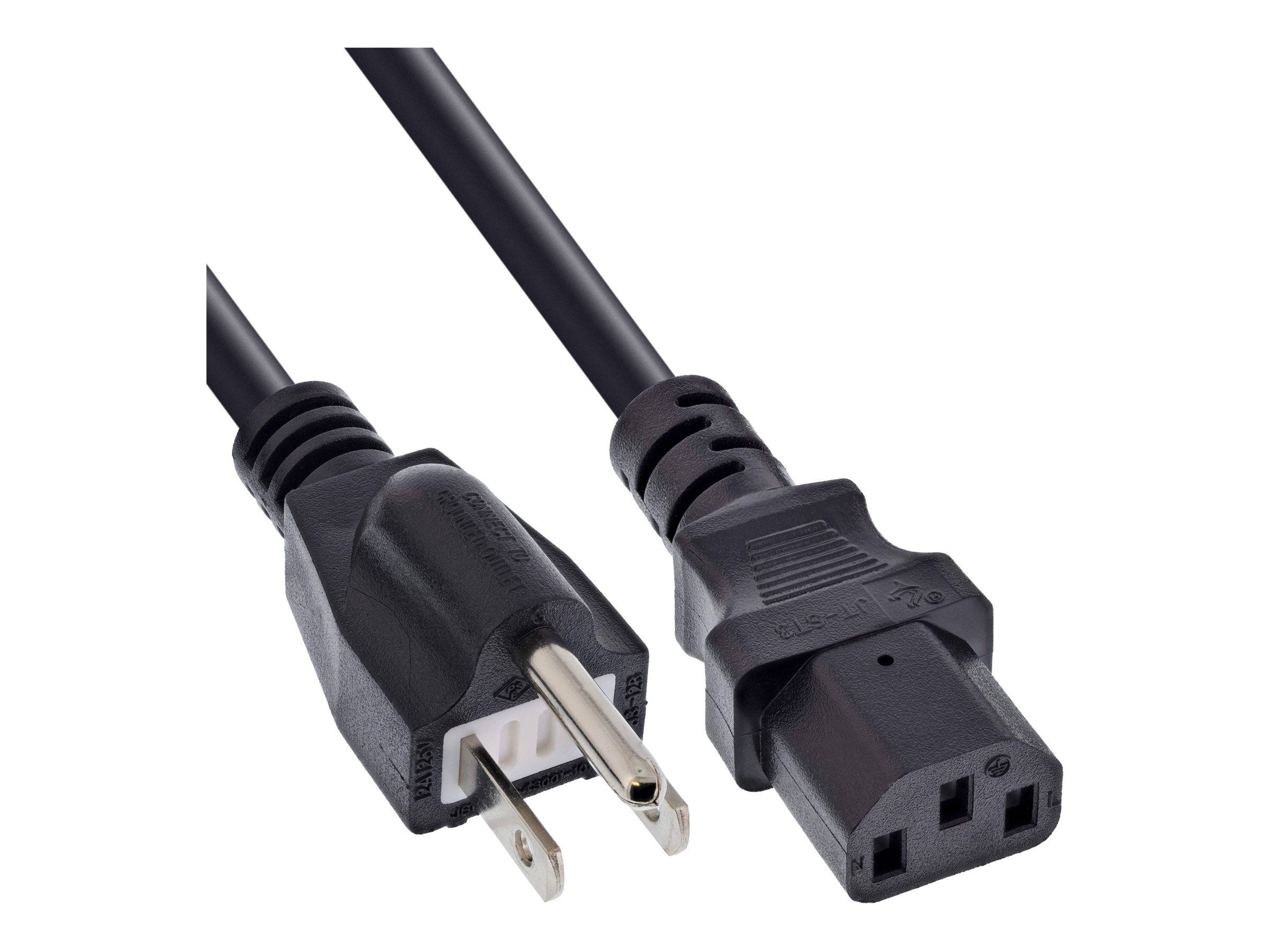 Ein schwarzes, dreiadriges Netzkabel mit einem standardmäßigen US-Stecker auf der einen und einem C13-Anschluss auf der anderen Seite, das zur Verbindung von elektronischen Geräten mit Stromquellen verwendet wird.