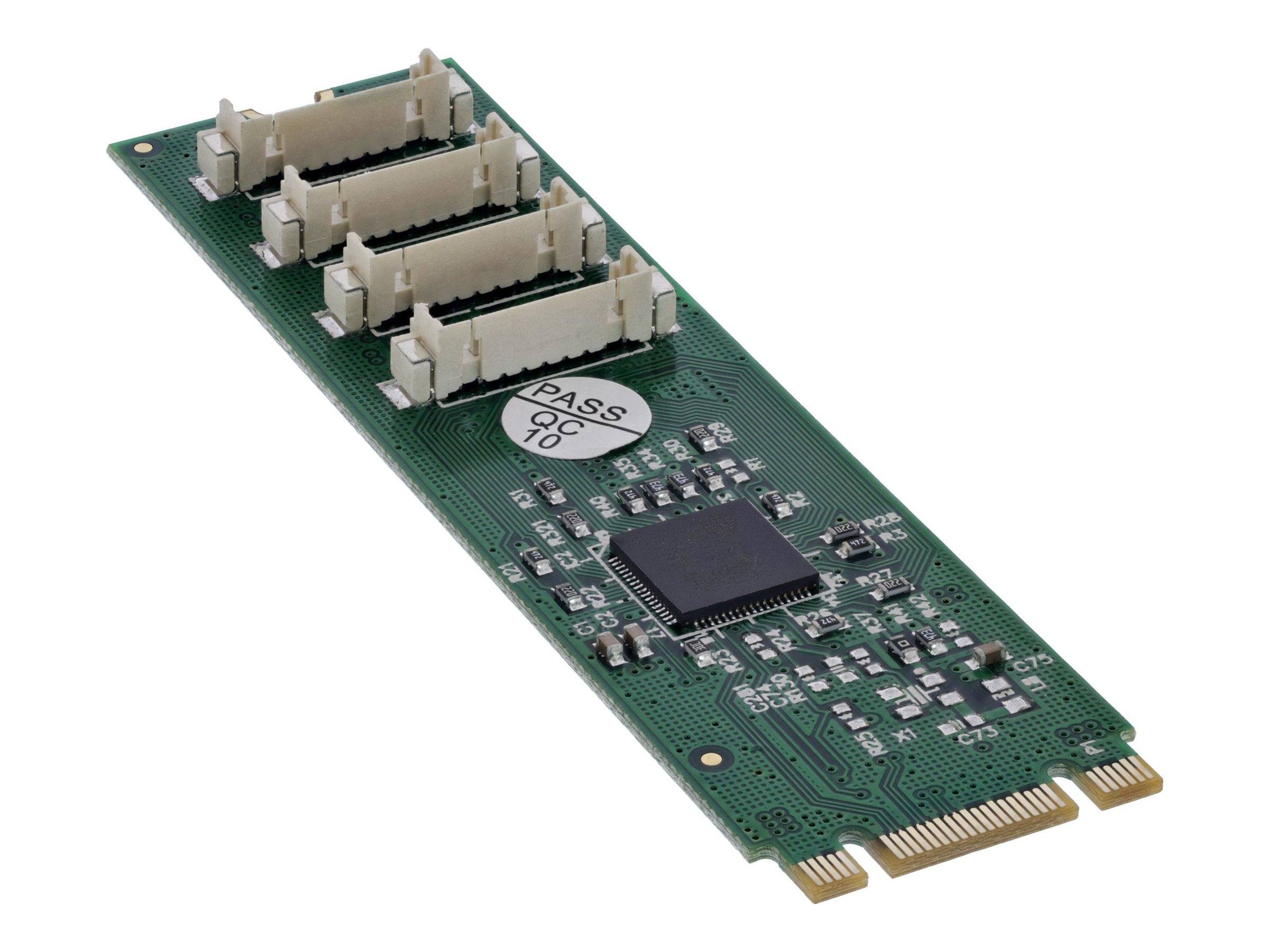 Eine grüne Leiterplatte mit einem schwarzen Integrierten Schaltkreis, mehreren weißen Anschlüssen und einem runden Aufkleber mit der Beschriftung 