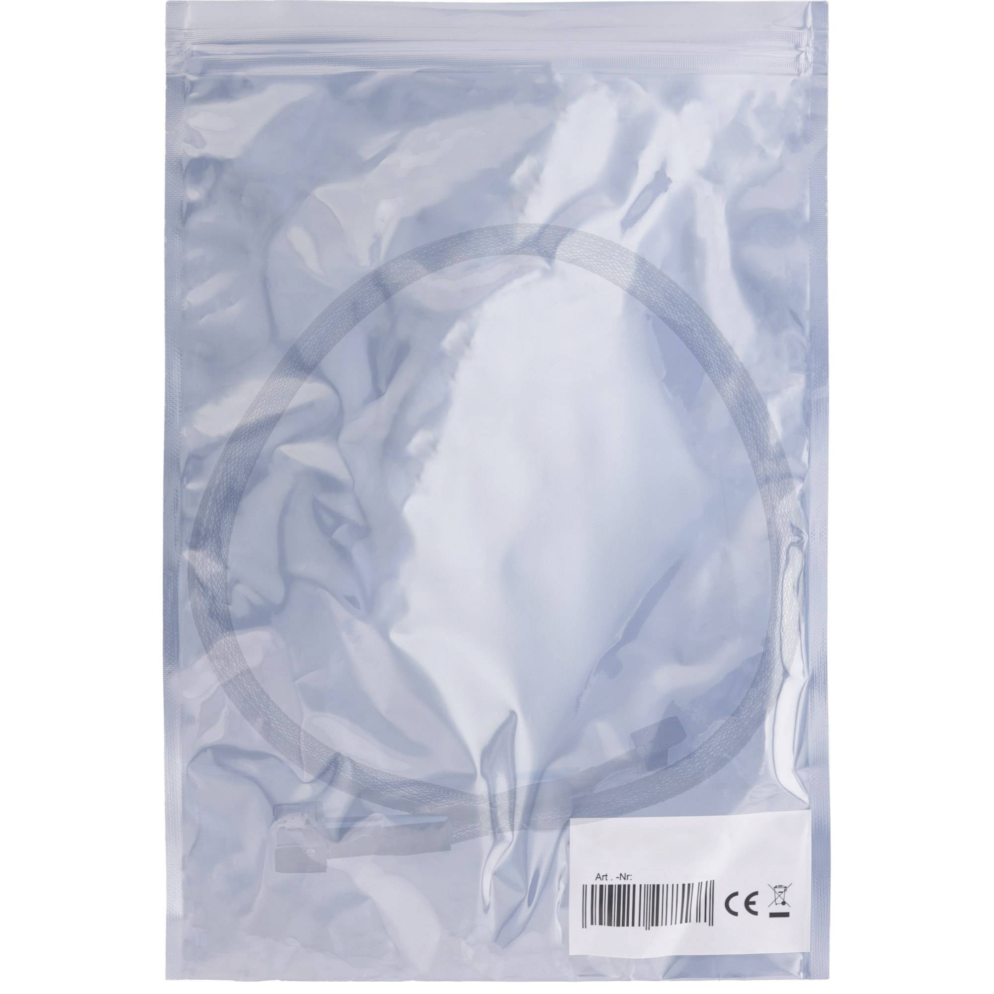 Eine transparente Kunststoffverpackung, die eine aufgewickelte Metallschnur enthält, mit einem Etikett, das Produktinformationen, Strichcode und Zertifizierungszeichen zeigt.