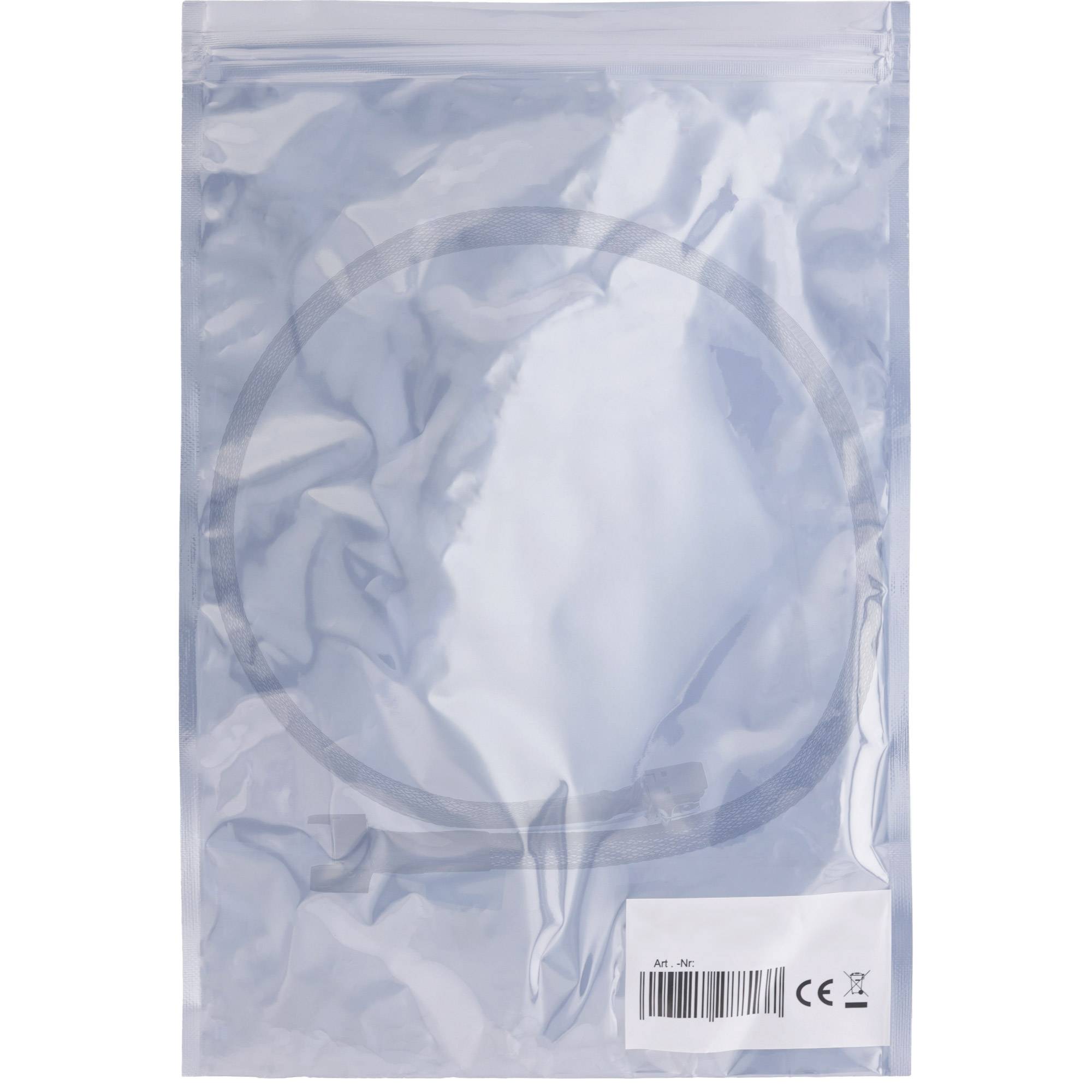 Eine versiegelte, transparente Plastiktüte mit einem kreisförmigen Gegenstand wird vor einem einfarbigen Hintergrund gezeigt. Ein weißes Etikett mit Barcodes und CE-Kennzeichnung ist sichtbar.