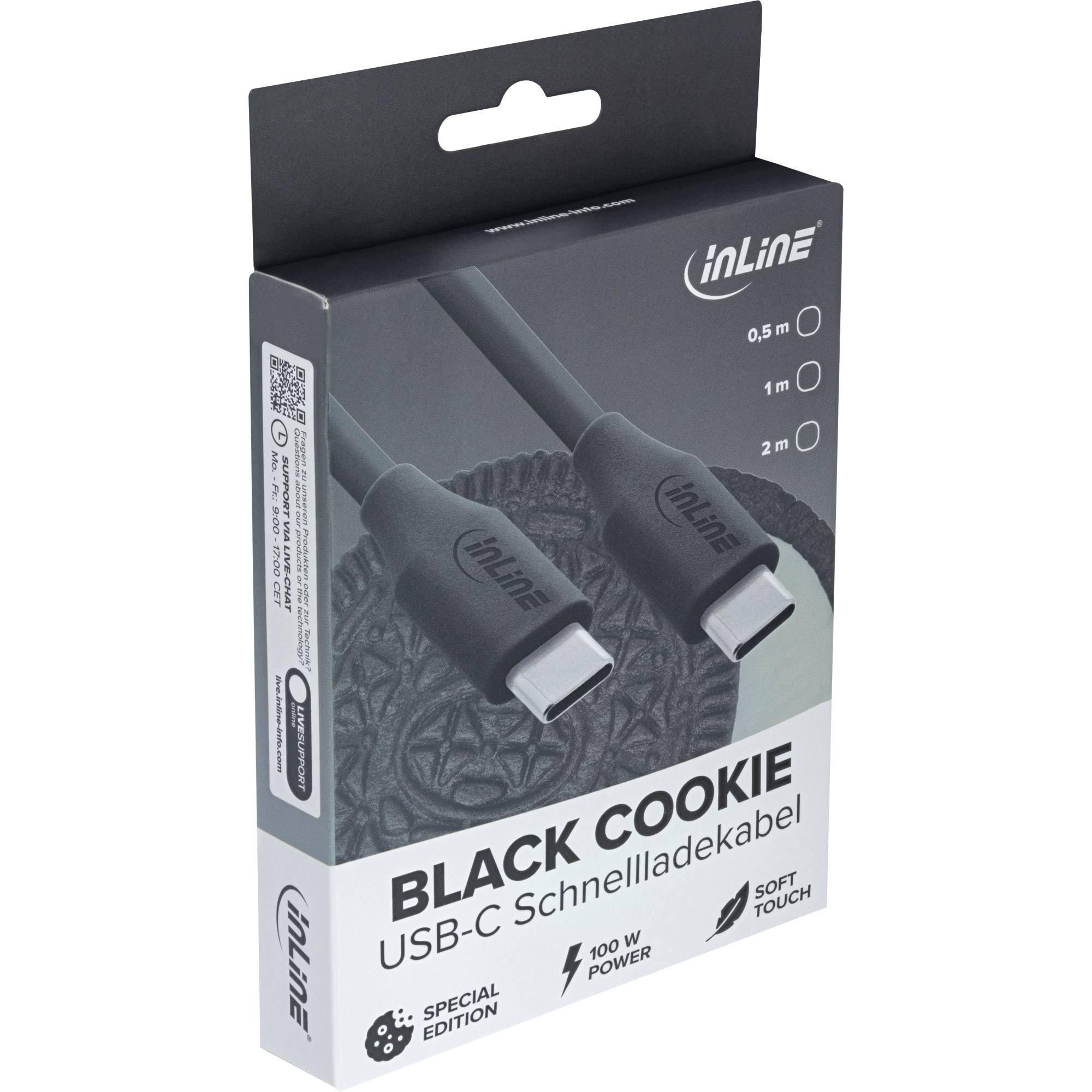 Eine Verpackung für das 'InLine Black Cookie' USB-C Schnellladekabel, erhältlich in Längen von 0,5m bis 2m, mit 100W Leistung und weicher Haptik.
