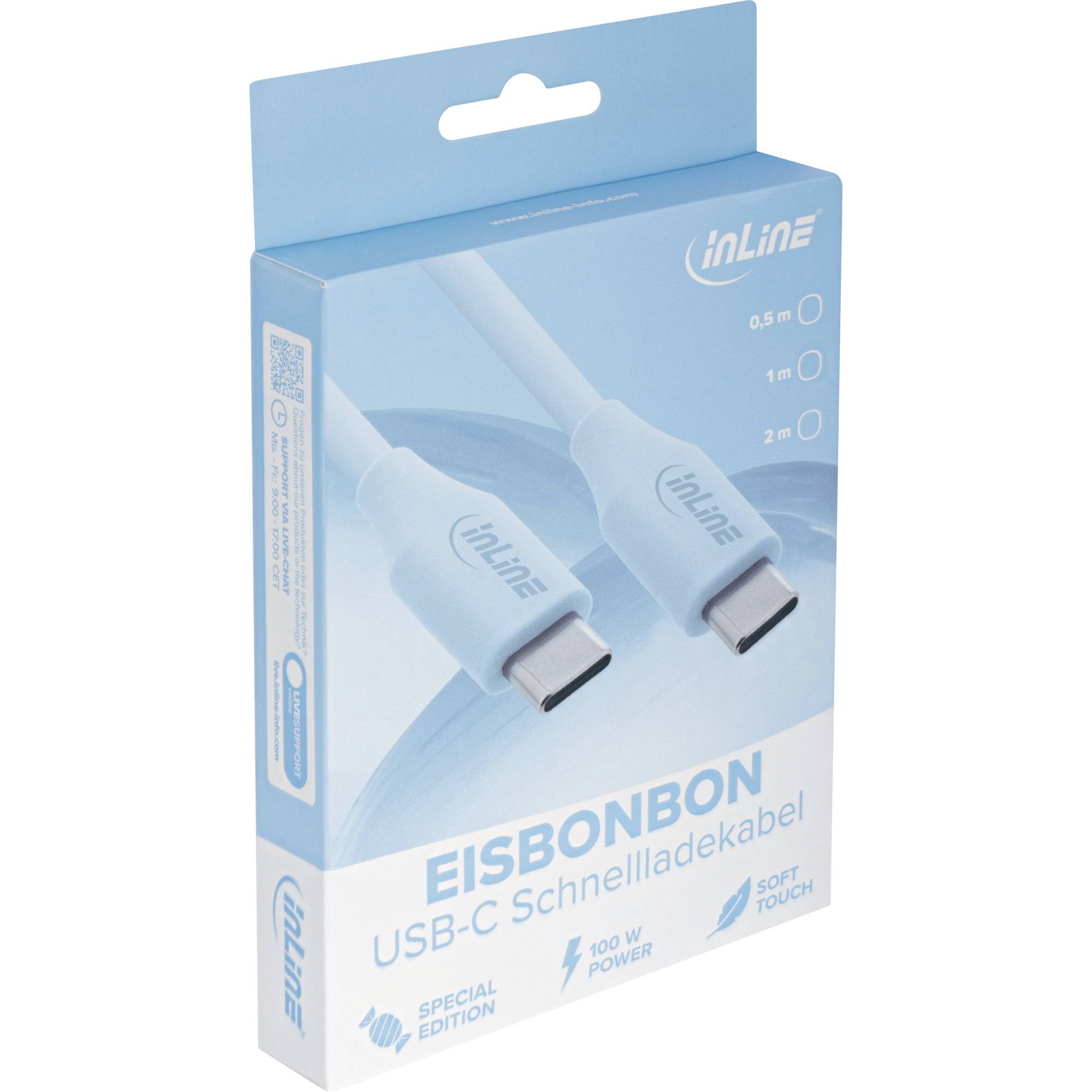 Verpackung für das 'Eisbonbon' USB-C Schnellladekabel von InLine, zeigt Kabeldesign und Eigenschaften wie 100W Leistung und Soft-Touch-Oberfläche.