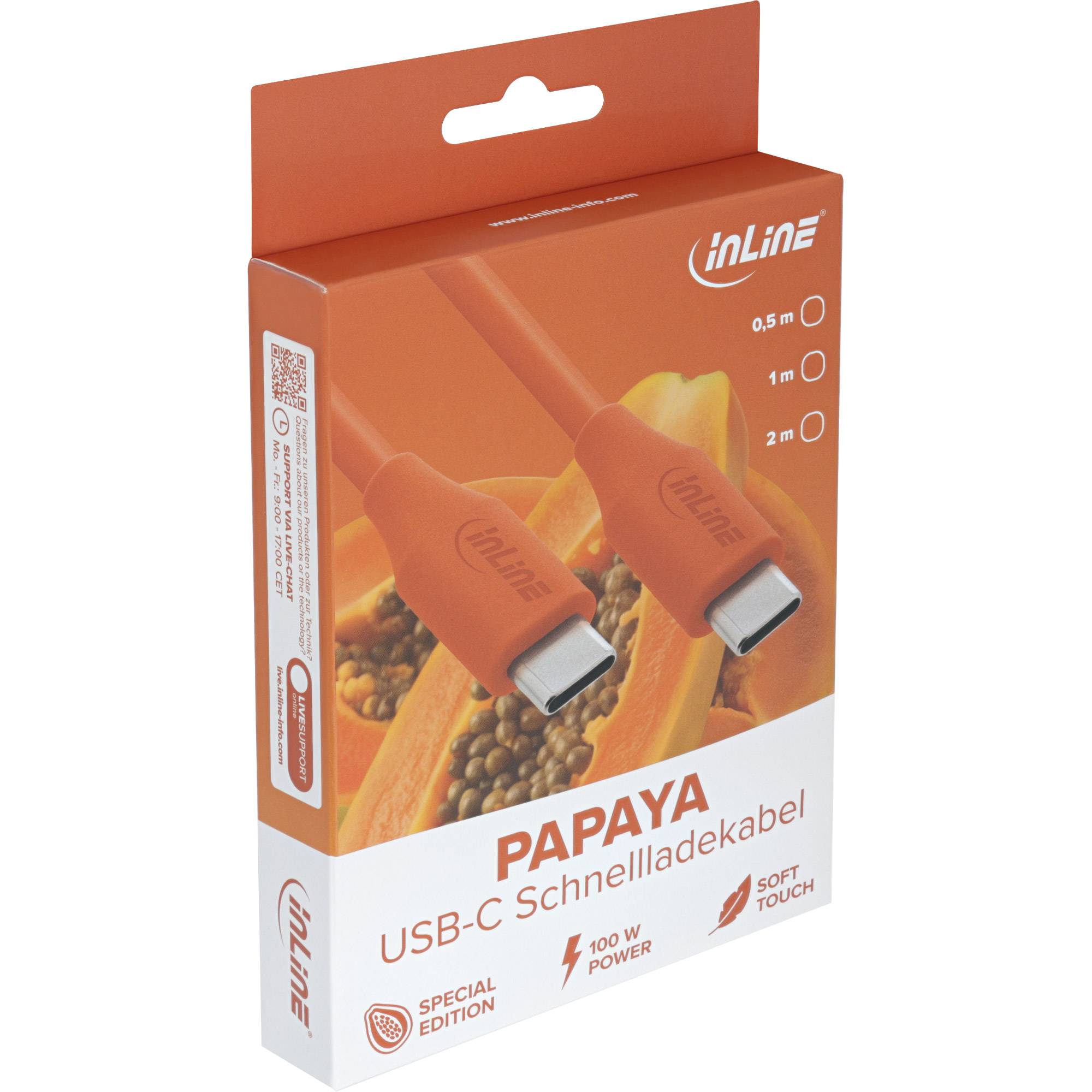 Das Bild zeigt eine Verpackung für das 'InLine Papaya USB-C Schnellladekabel', das ein Schnellladekabel mit 100W Leistung und Soft-Touch-Oberfläche ist.