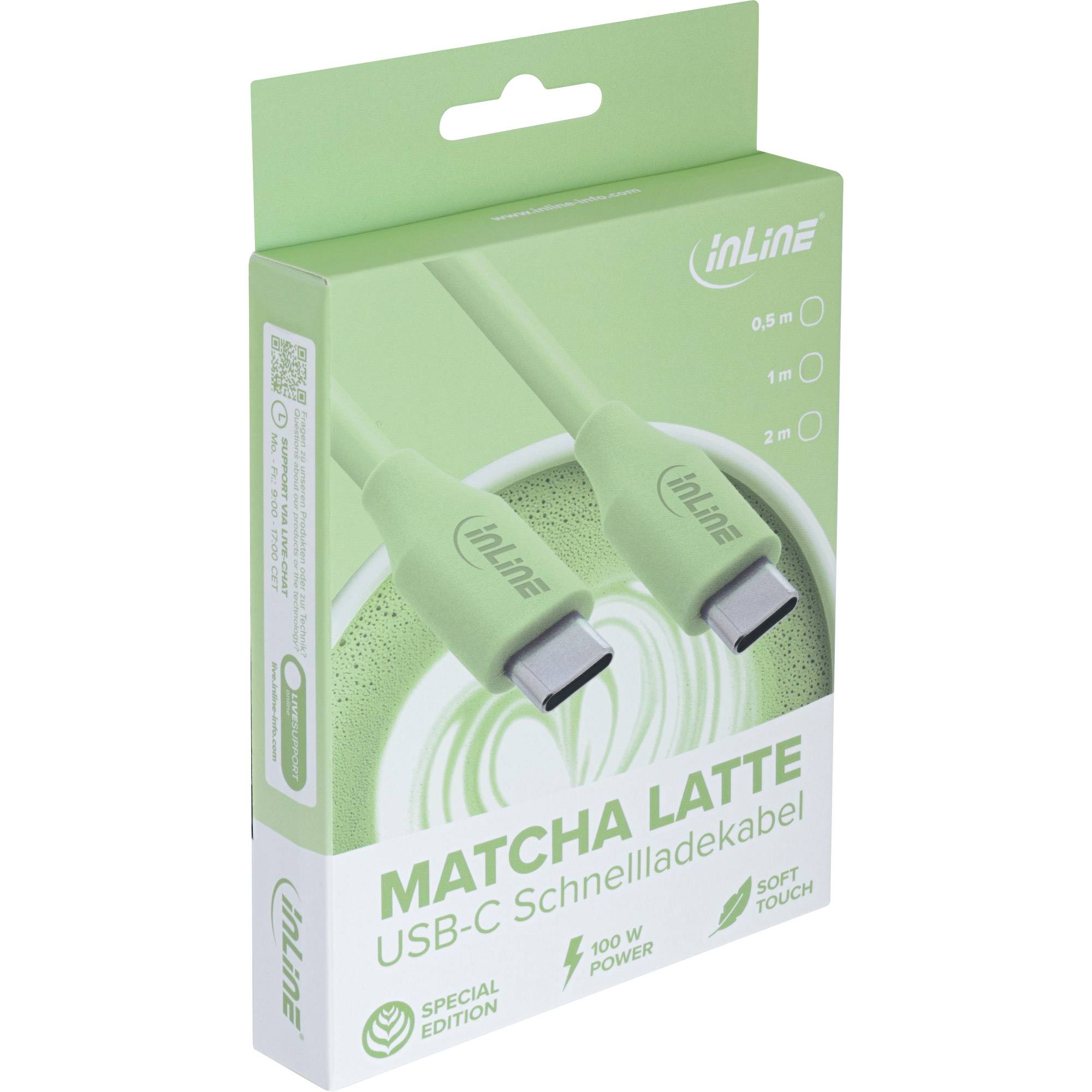 Matcha Latte USB-C Schnellladekabel' Paket mit zwei USB-C Kabeln, grünes Design, gekennzeichnet als 'Special Edition', '100 W Power', 'Soft Touch'.