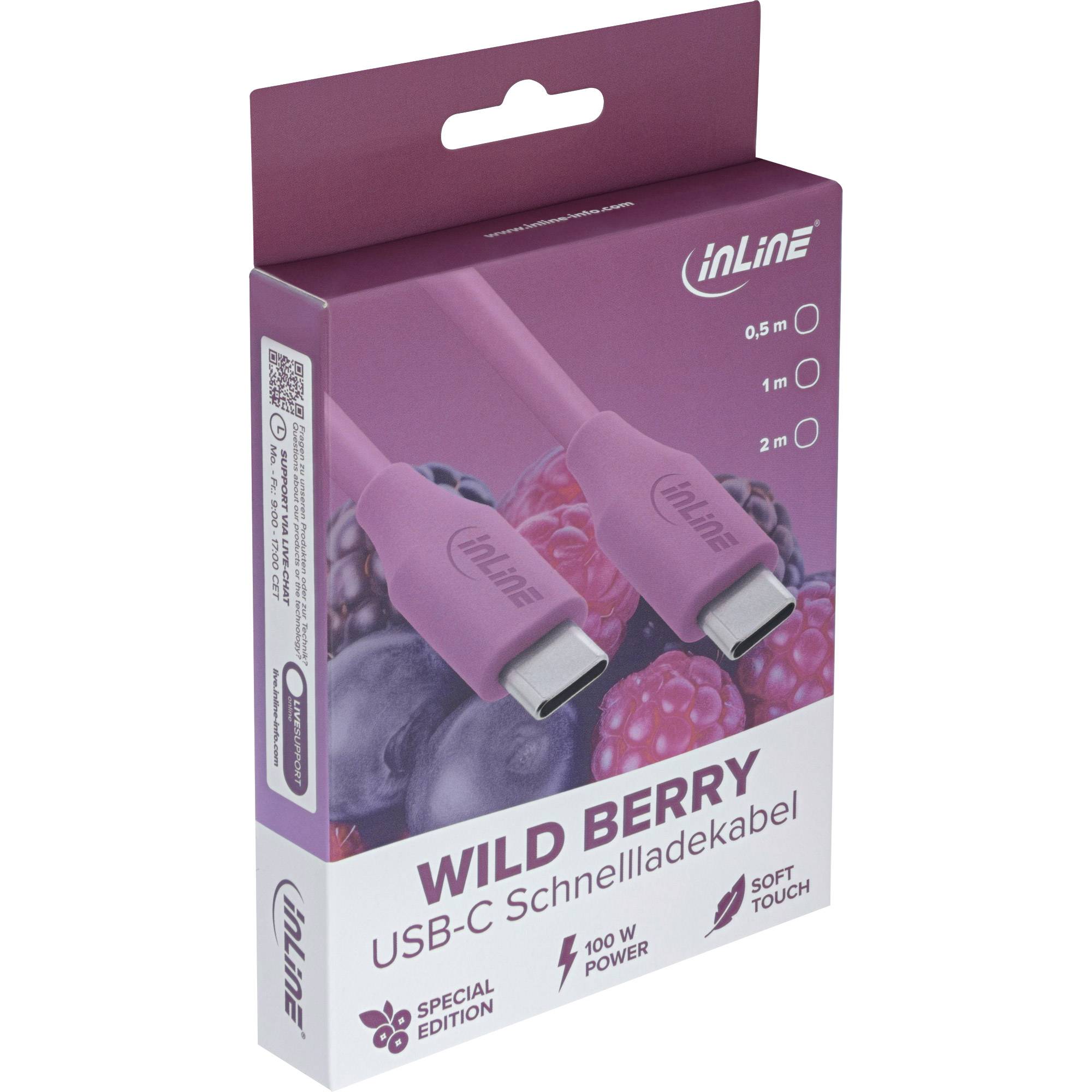 Ein USB-C-Kabelpaket in Pink, beschriftet mit 'Wild Berry'. Merkmale umfassen Sonderausgabe, Soft-Touch-Oberfläche und 100W Leistung. Verfügbare Längen: 0,5m, 1m, 1,5m, 2m.