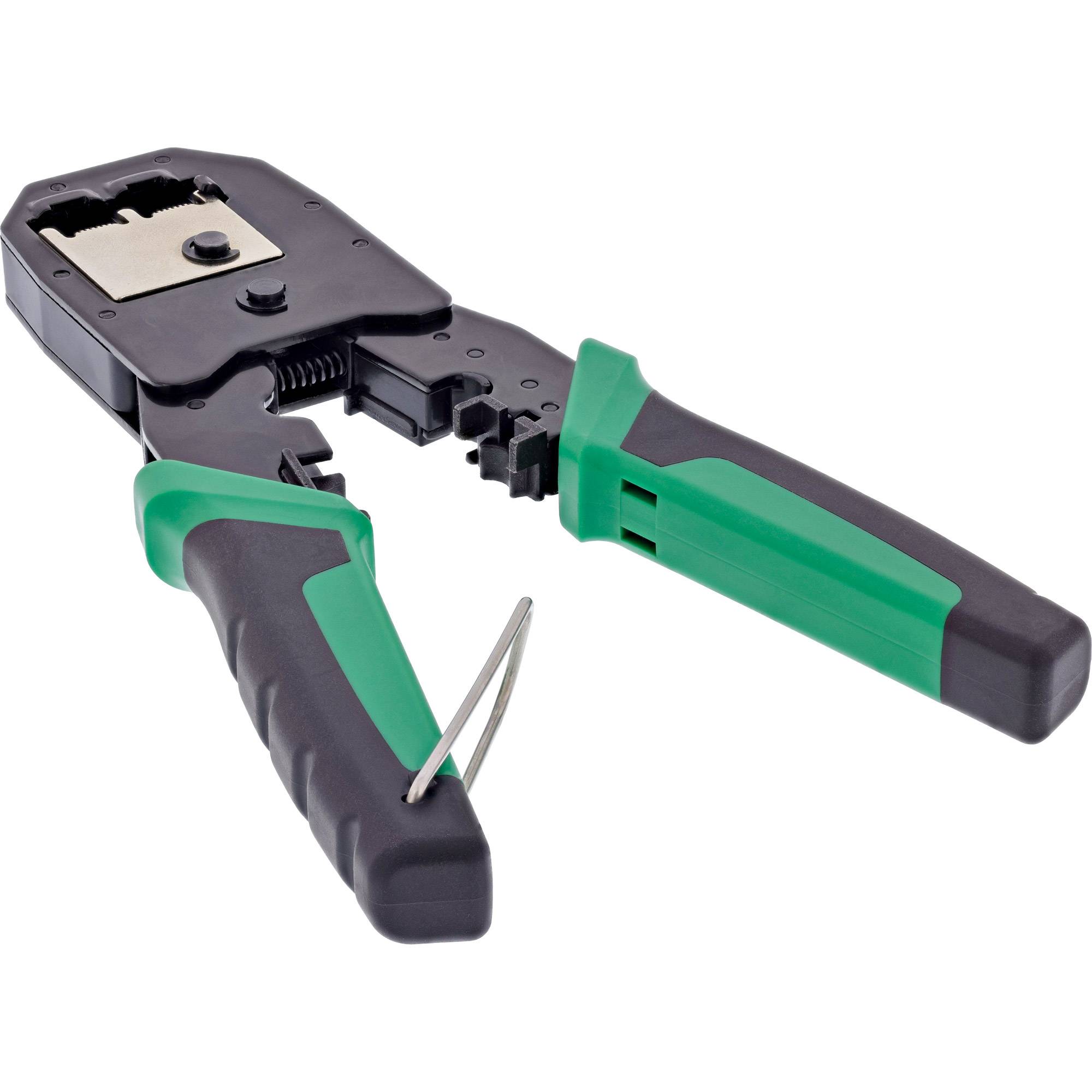 Ein Paar Netzwerk-Crimpzangen mit grünen und schwarzen Griffen, die zum Anbringen von Steckern an Kabeln verwendet werden.