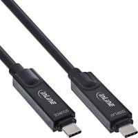 Zwei schwarze DisplayPort-Kabel mit 'Inline'-Markenlogo auf den Anschlüssen, vor einem weißen Hintergrund gezeigt.