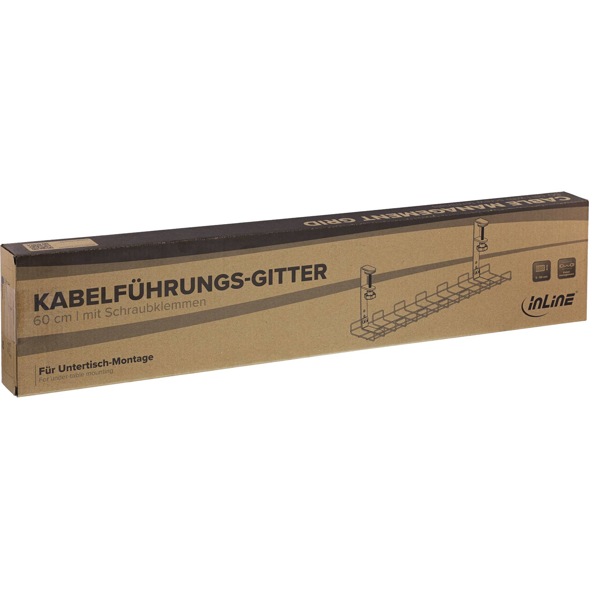 InLine' Kabelmanagement-Gitterbox, 60 cm mit Schraubklemmen zur Unterbau-Montage, in Verpackung mit Abbildung und Branding gezeigt.