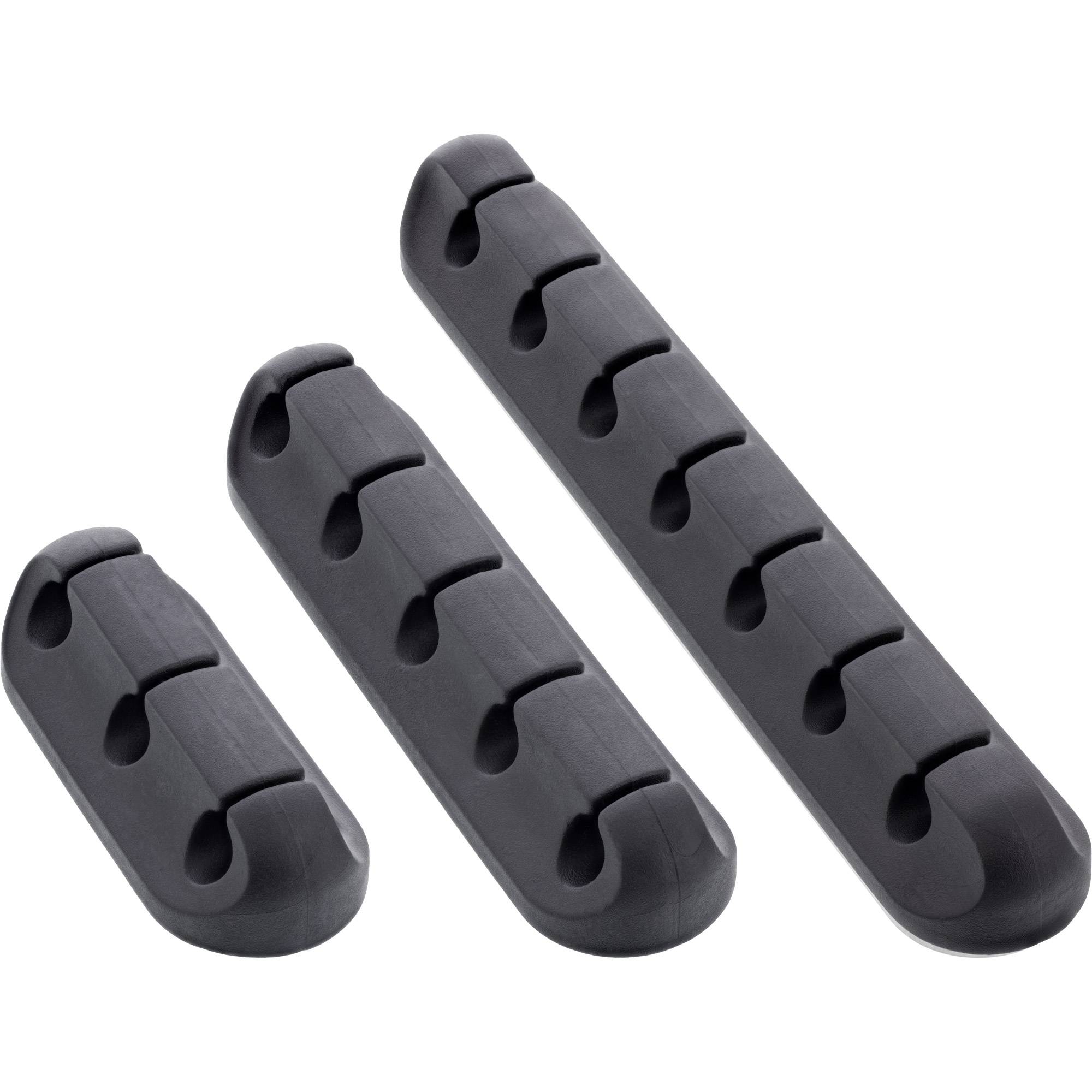 Drei schwarze Kabelhalter mit Rillen zur Kabelorganisation, in kleiner, mittlerer und großer Größe, von links nach rechts angeordnet.