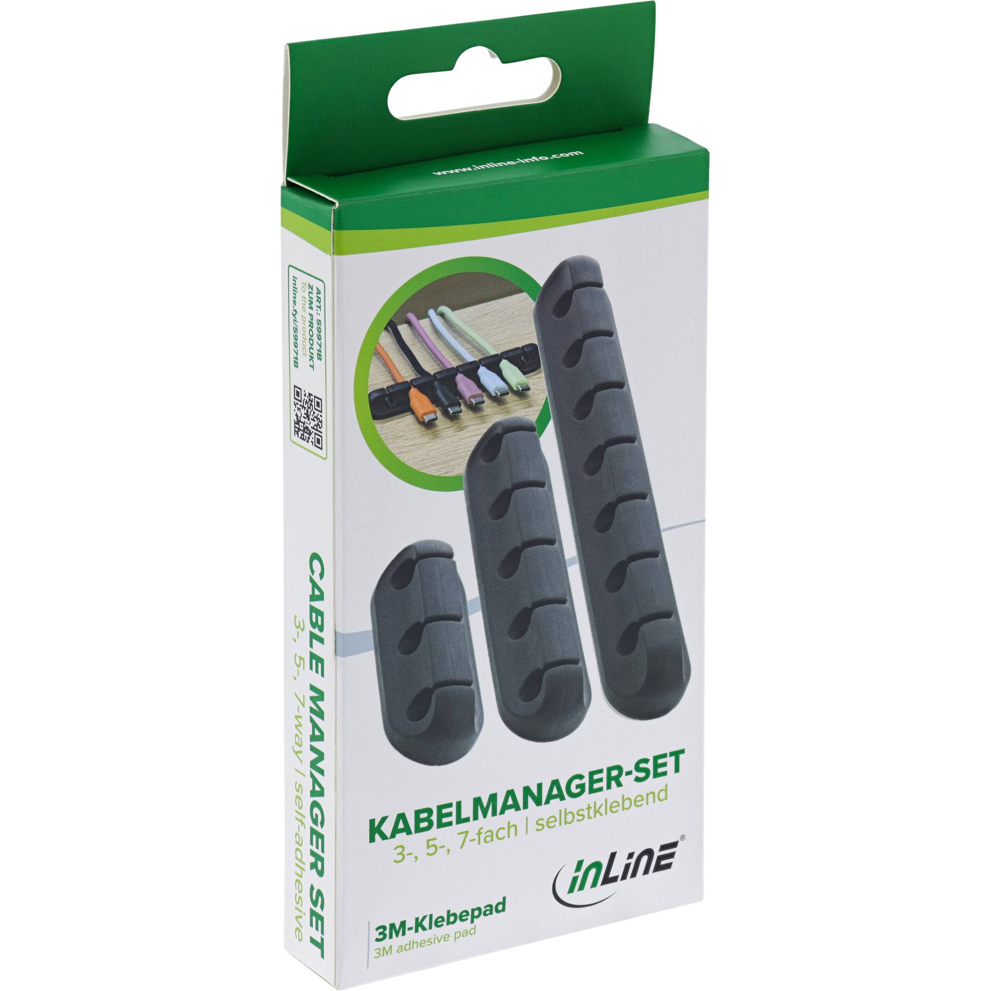 Kabelmanager-Set' Verpackung, die Kabelorganizer in drei Größen zeigt und deren selbstklebende Eigenschaft für Kabelverwaltung hervorhebt.