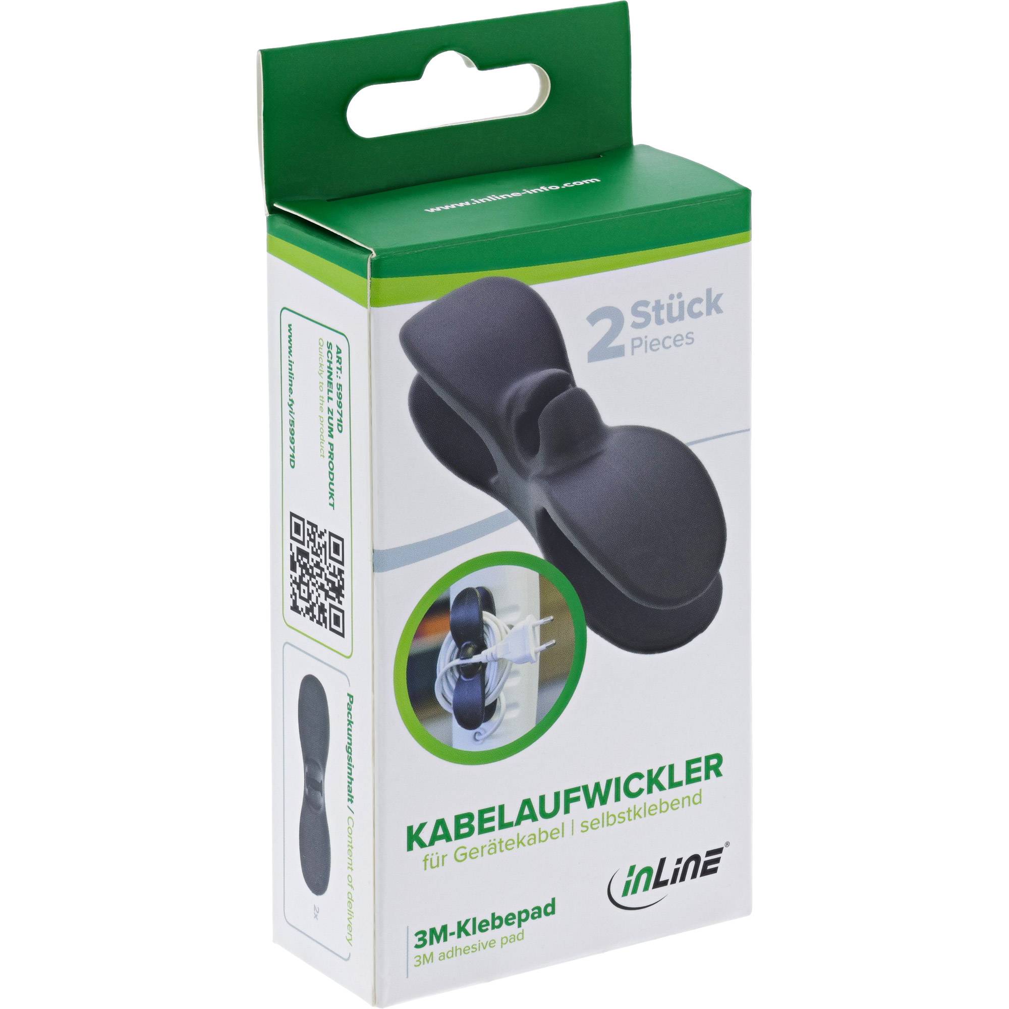 Verpackung mit zwei selbstklebenden Kabelorganisatoren mit 3M-Klebepads, entwickelt zur Kabelverwaltung für Geräte. Marke: inLine.