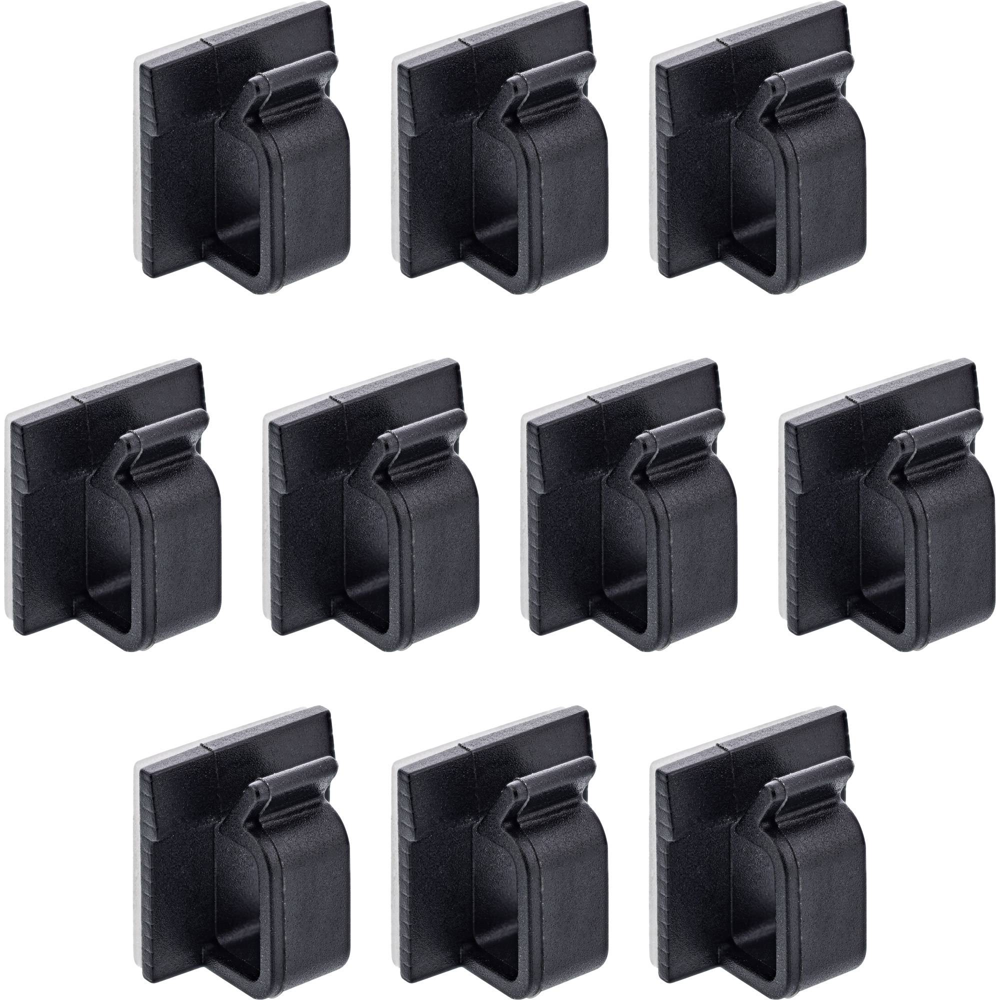 Zehn schwarze Kabelbefestigungsclips, in zwei Reihen zu je fünf angeordnet, entwickelt zum Halten und Organisieren von Kabeln oder Leitungen auf Oberflächen.