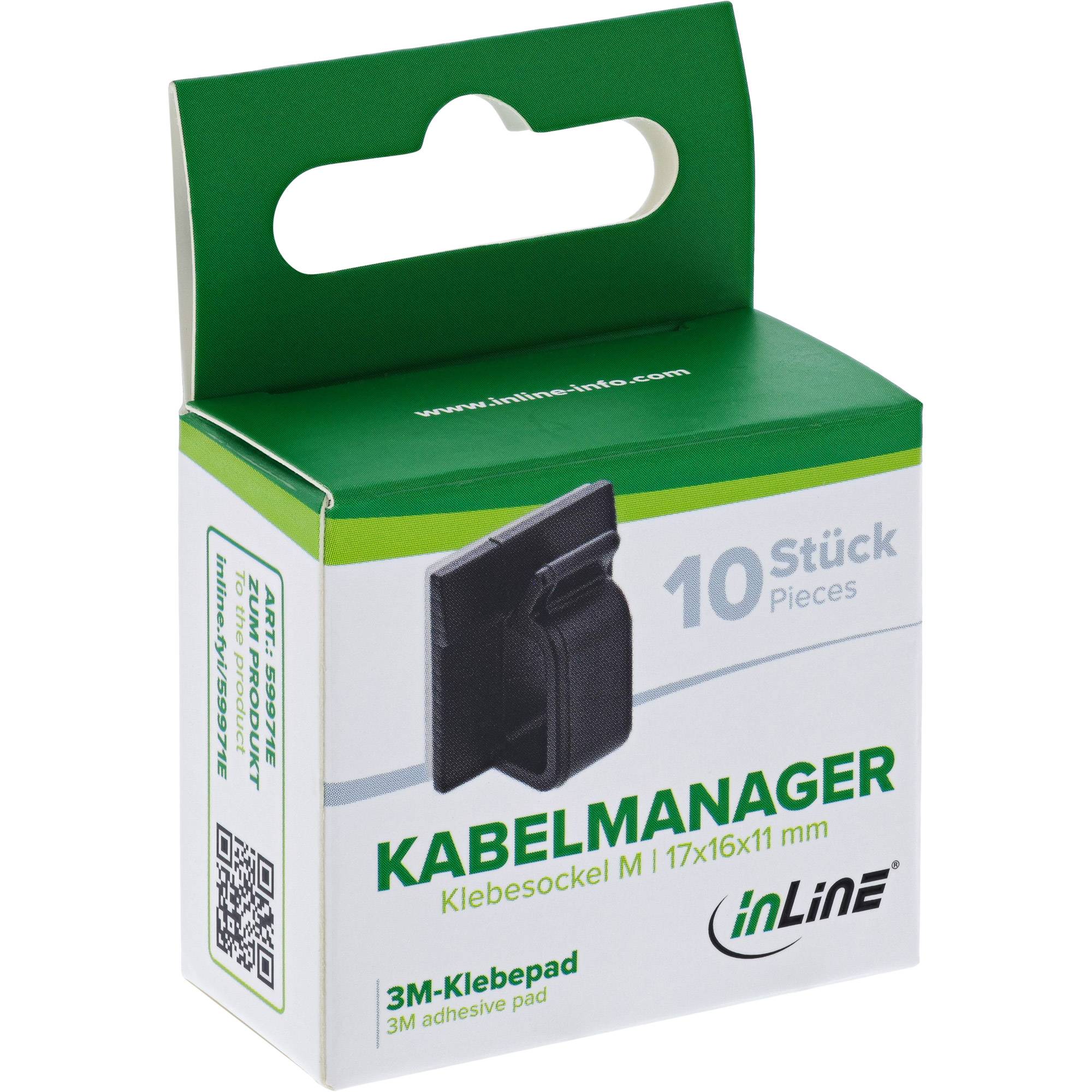 Eine Packung 'Kabelmanager' von InLine zur Kabelverwaltung mit 3M-Klebepads, 10 Stück enthaltend, Maße 17x16x11 mm.