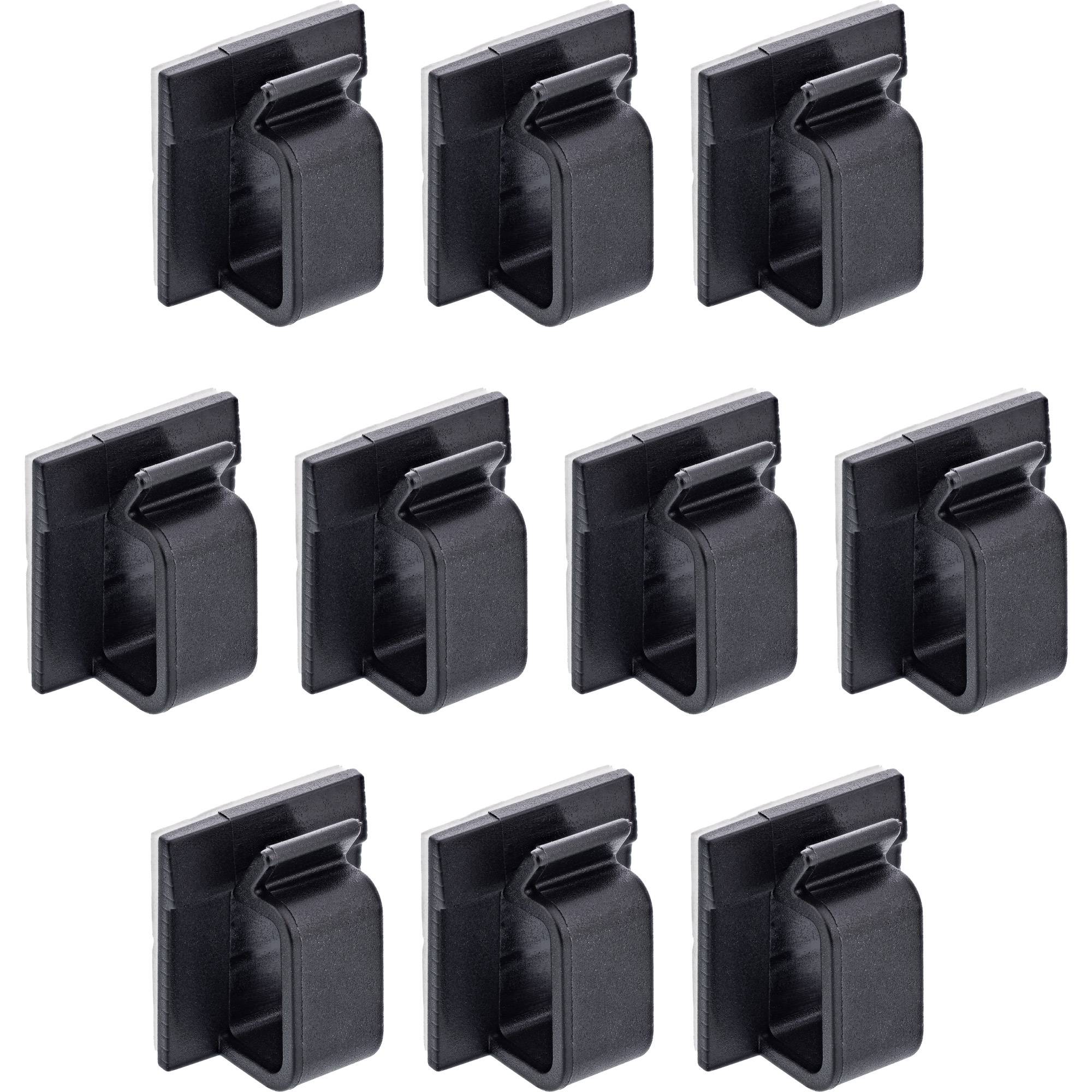 Ein Set aus neun schwarzen Klebehaken, die in einem Rastermusters angeordnet sind und zum Organisieren von Kabeln oder Aufhängen kleiner Gegenstände verwendet werden.