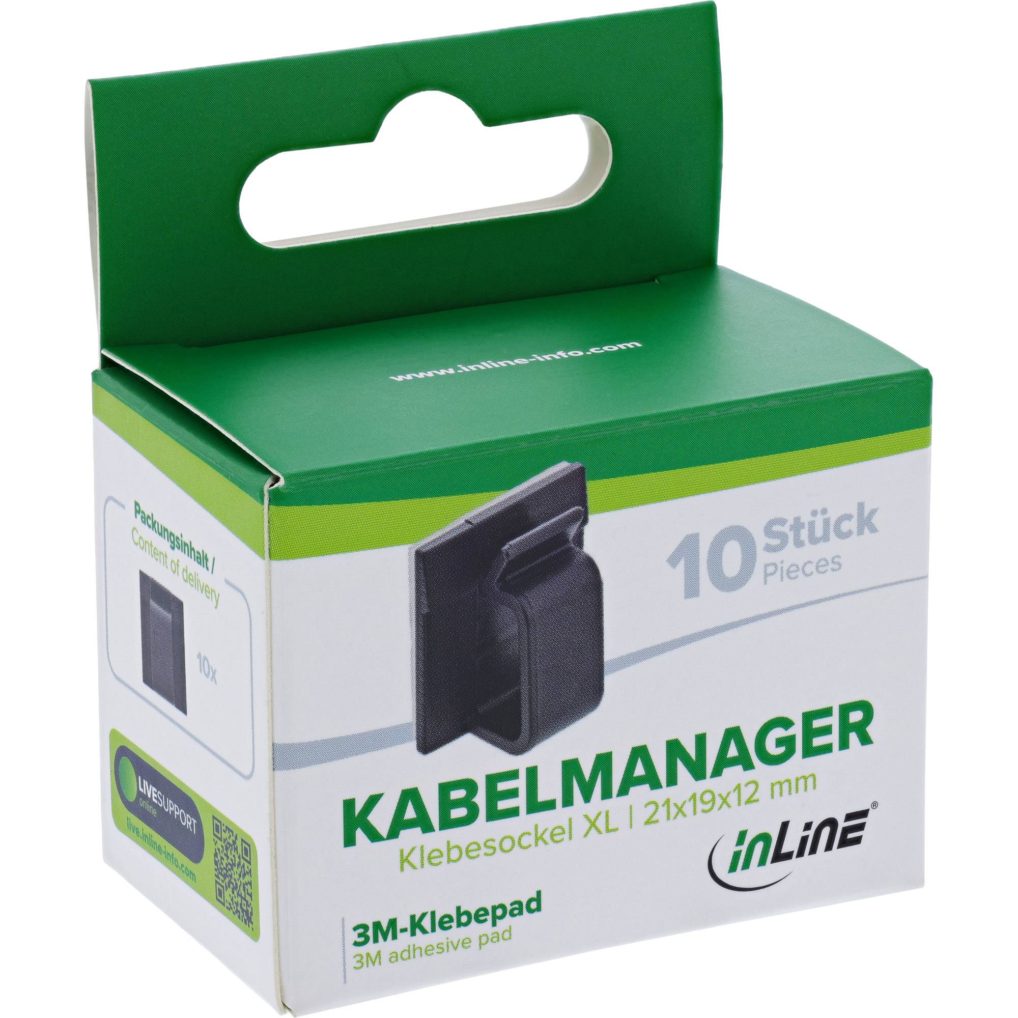 Verpackung zeigt 'Kabelmanager' von InLine, enthält 10 Stück. Ausgestattet mit einem 3M-Klebeband zur Kabelverwaltung. Abmessungen: 21x19x12 mm.