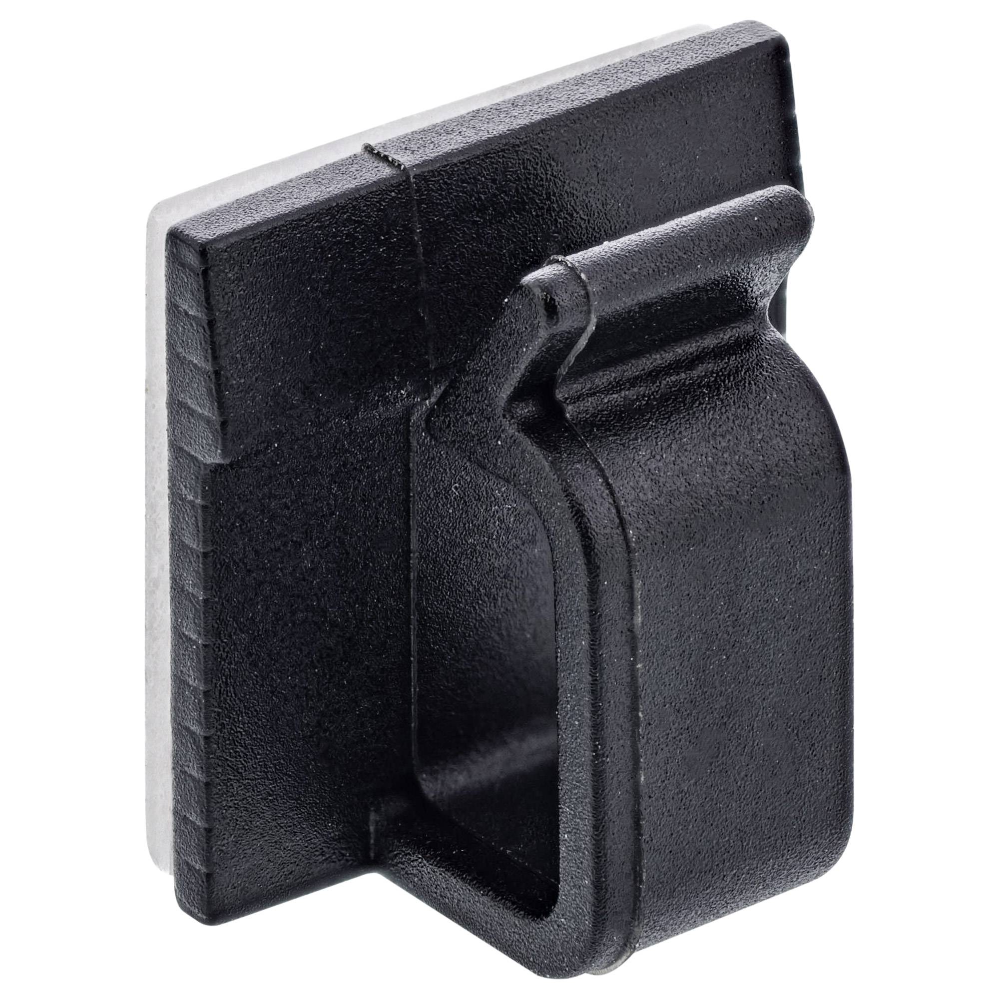 Ein schwarzer, rechteckiger Clip mit einem gebogenen Haken, der zum Befestigen oder Zusammenhalten von Gegenständen entwickelt wurde.