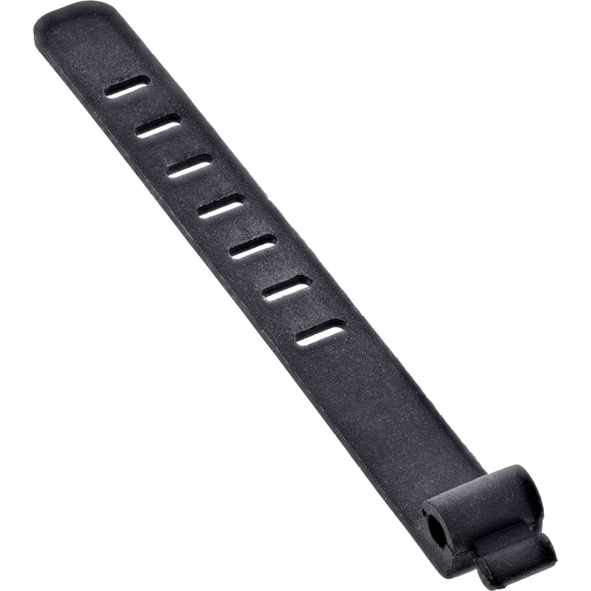 Ein schwarzes Gummiband mit mehreren Einstellungslöchern, das zum Befestigen von Gegenständen oder Teilen verwendet wird, möglicherweise Teil eines Werkzeug- oder Zubehörsets.