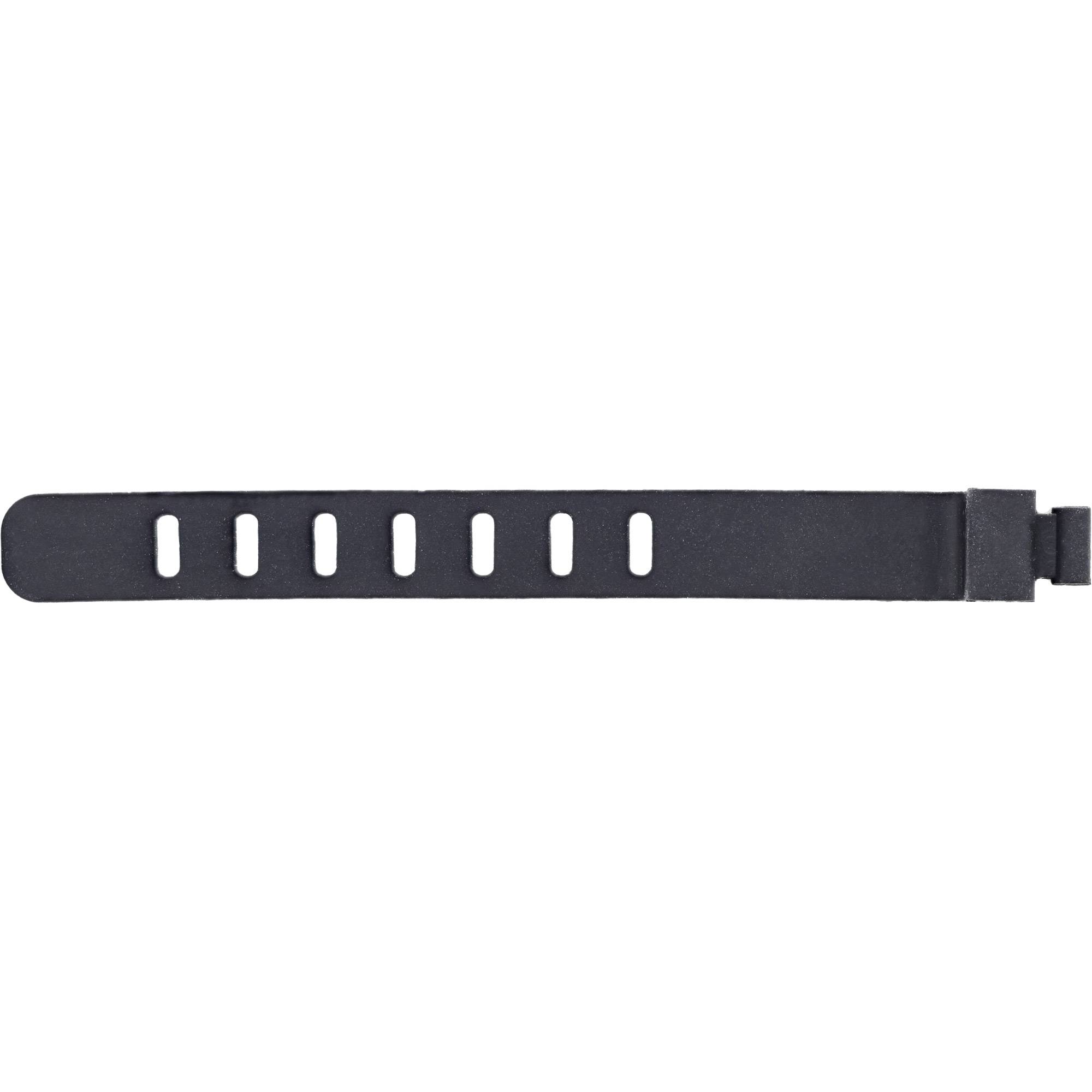 Ein schwarzes Gummiband mit mehreren Löchern, das zum Befestigen verwendet wird, möglicherweise Teil einer Uhr oder eines tragbaren Geräts.