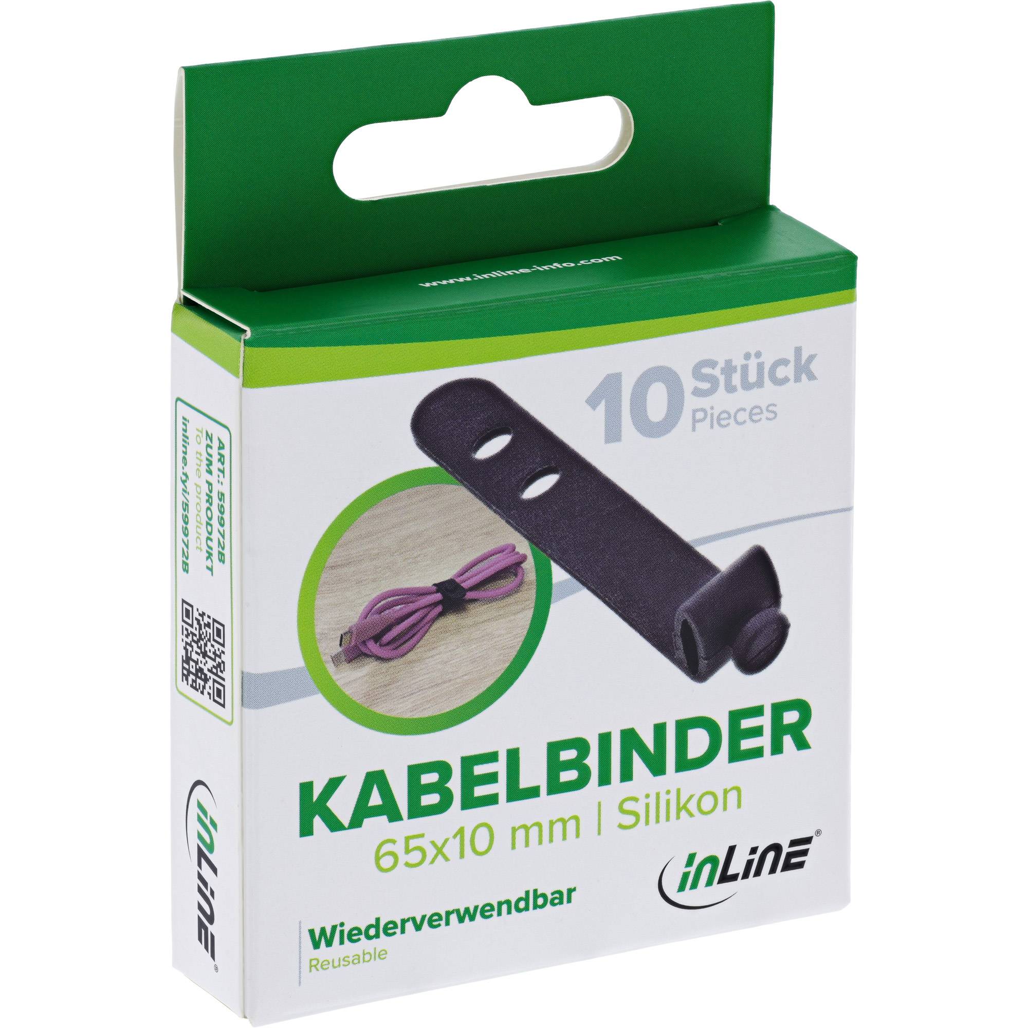 Box mit wiederverwendbaren Silikon-Kabelbindern, 10 Stück, 65x10 mm. Marke 'inLine'. Auf der Verpackung ist ein Bild eines Kabelbinders abgebildet, der Kabel zusammenbündelt.