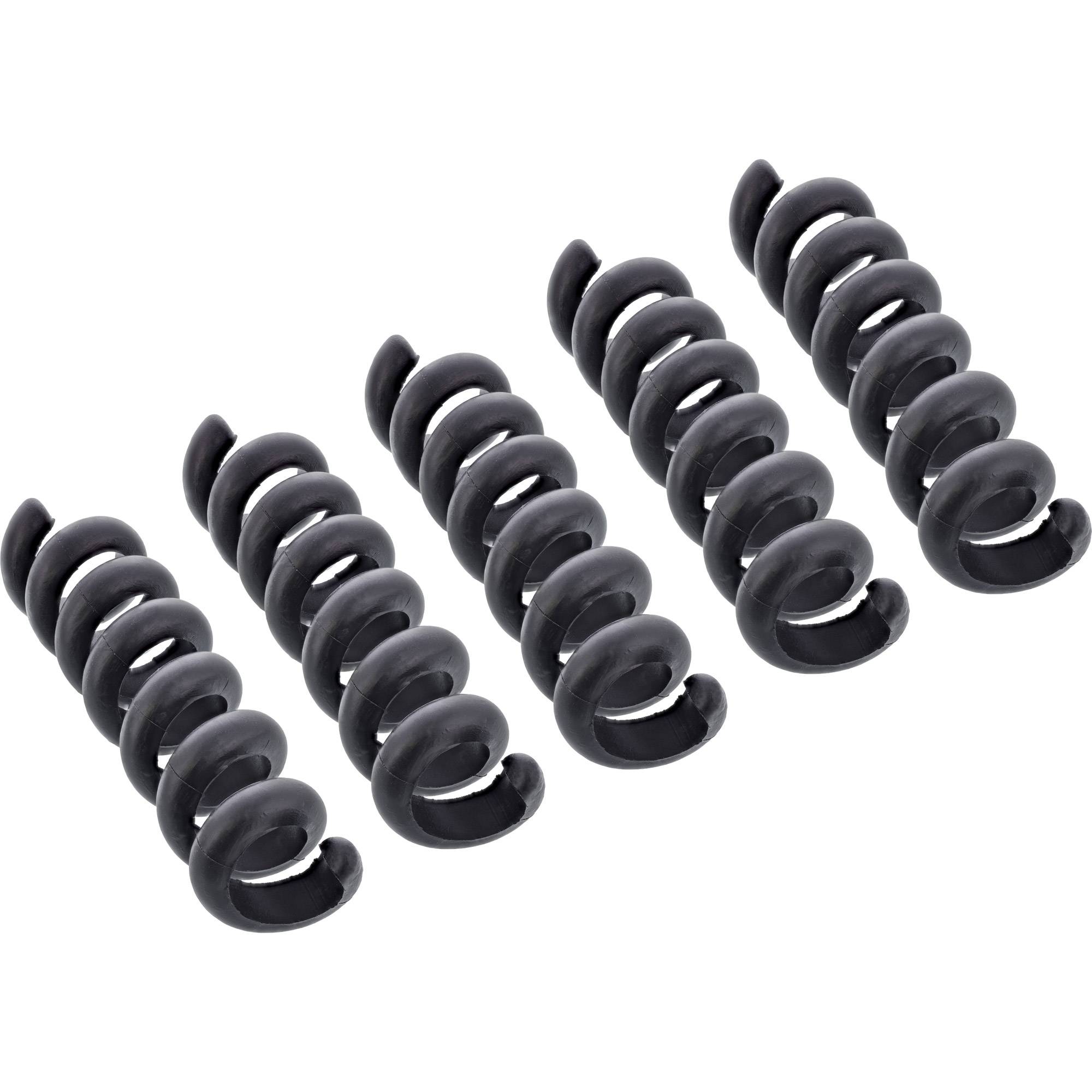 Fünf identische schwarze Spiralhaarspangen, die diagonal auf einem weißen Hintergrund angeordnet sind.