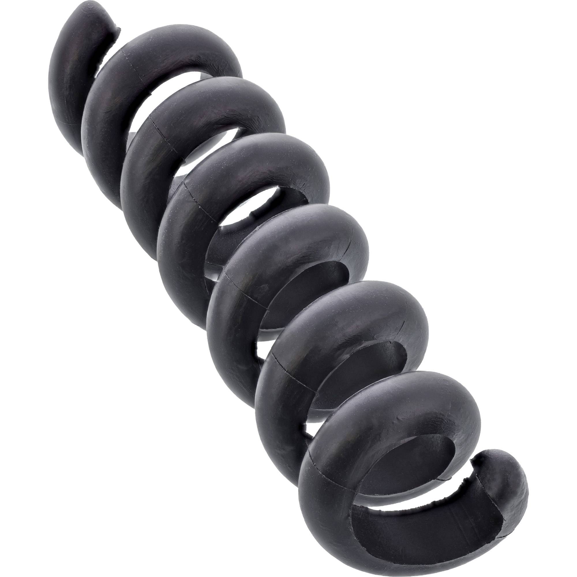 Ein schwarzer spiralförmiger Kabelbinder, aufgewickelt und aus flexiblem Material, entwickelt zur Organisation und zum Schutz von Kabeln und Leitungen.