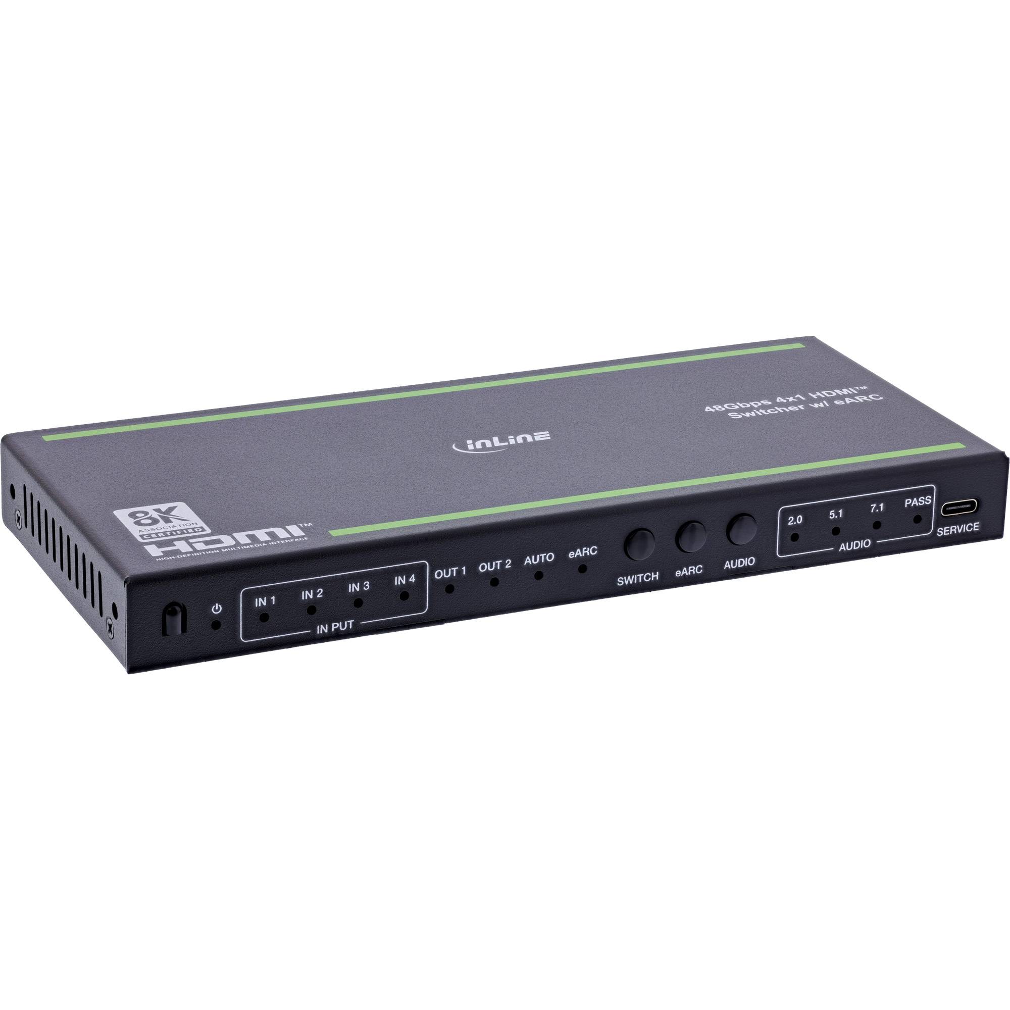 Ein schwarzer HDMI-Switch mit mehreren Eingängen, der mehrere Anschlüsse mit den Bezeichnungen IN1 bis IN4 und OUT1 bis OUT2 aufweist und mit Tasten zum Umschalten und ARC (Audio Return Channel) ausgestattet ist.