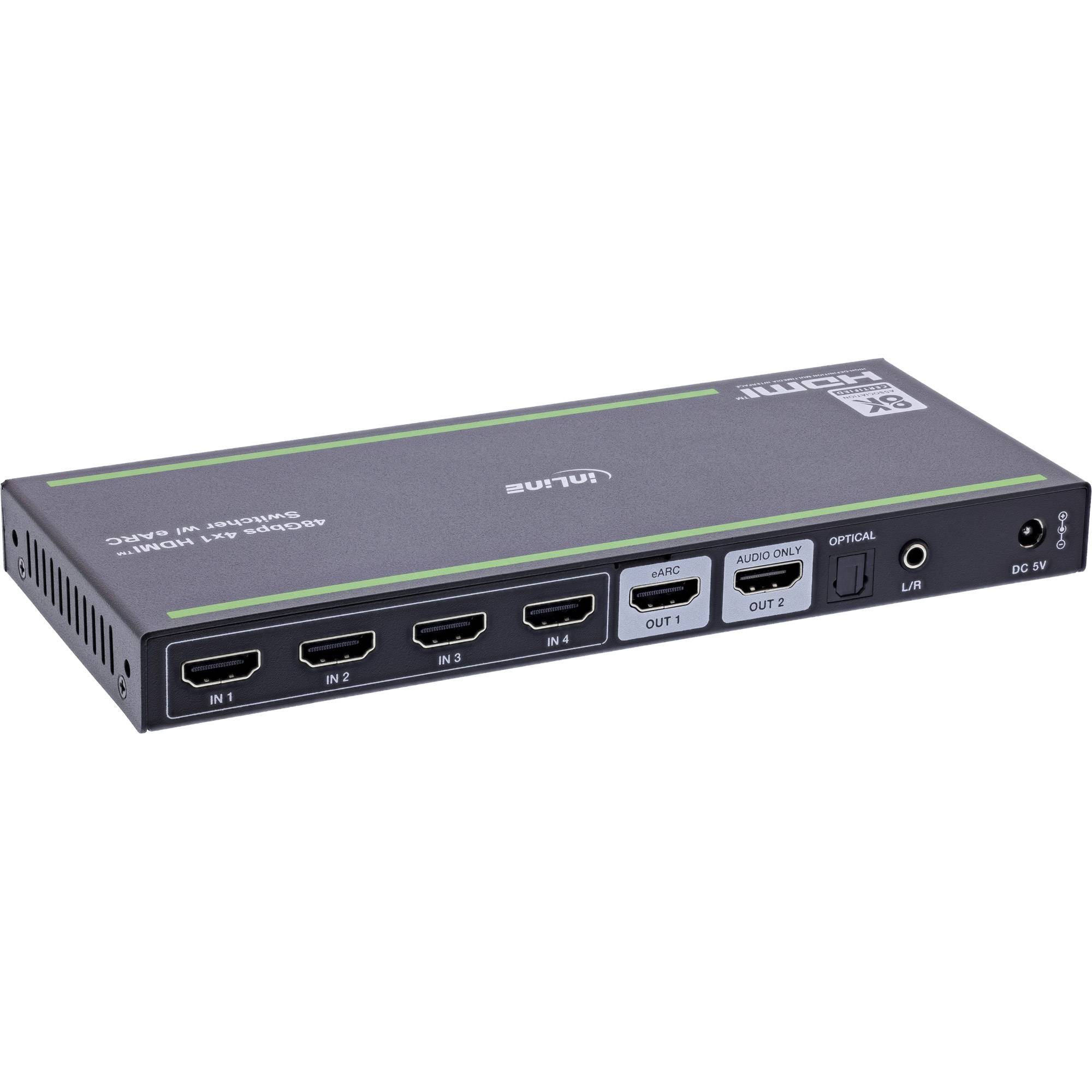 Ein grauer HDMI-Umschalter mit vier Eingängen, zwei Ausgängen und Audiosteuerungen, von vorne und von oben betrachtet.