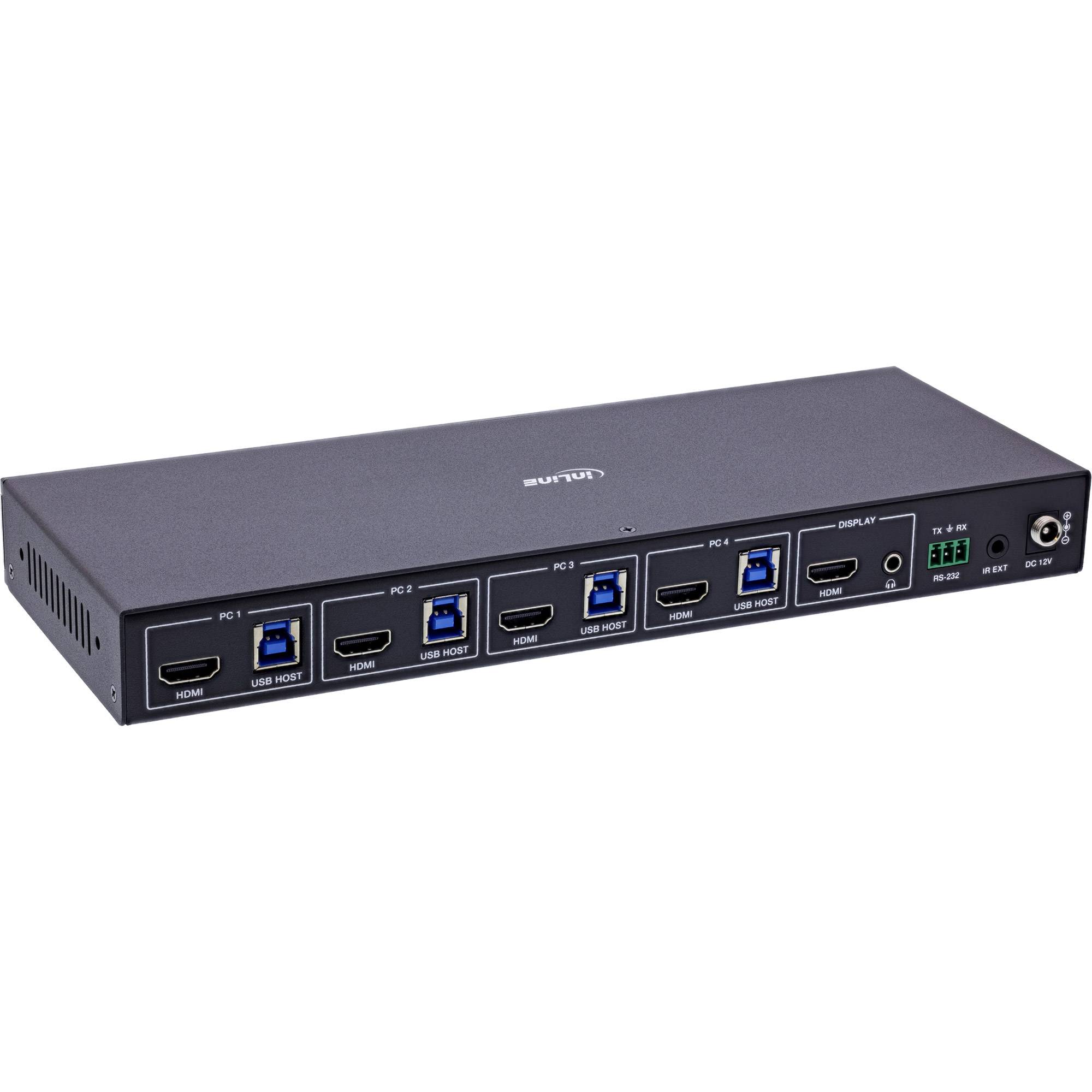 Ein schwarzer 2-Port-KVM-Switch mit vier HDMI-Ports und USB-Ports an der Vorderseite, beschriftet mit ‚HDMI' und ‚USB HOST', mit einem Einschaltknopf rechts daneben.