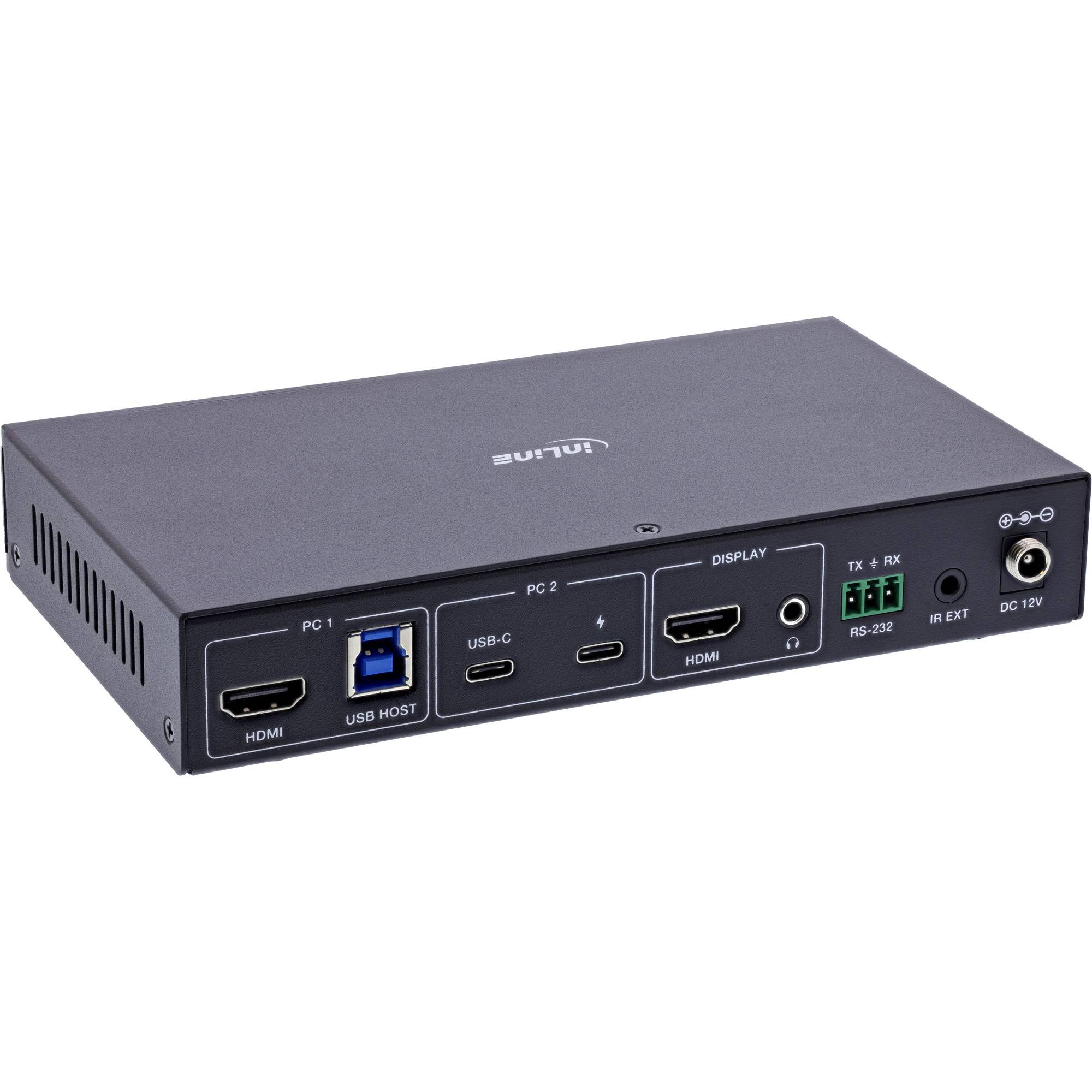 ITE HDMI-Schaltgerät mit mehreren Anschlüssen einschließlich HDMI, USB, RS-232 und Stromeingang. Beschriftete Anschlüsse zeigen Konnektivitätsoptionen an.