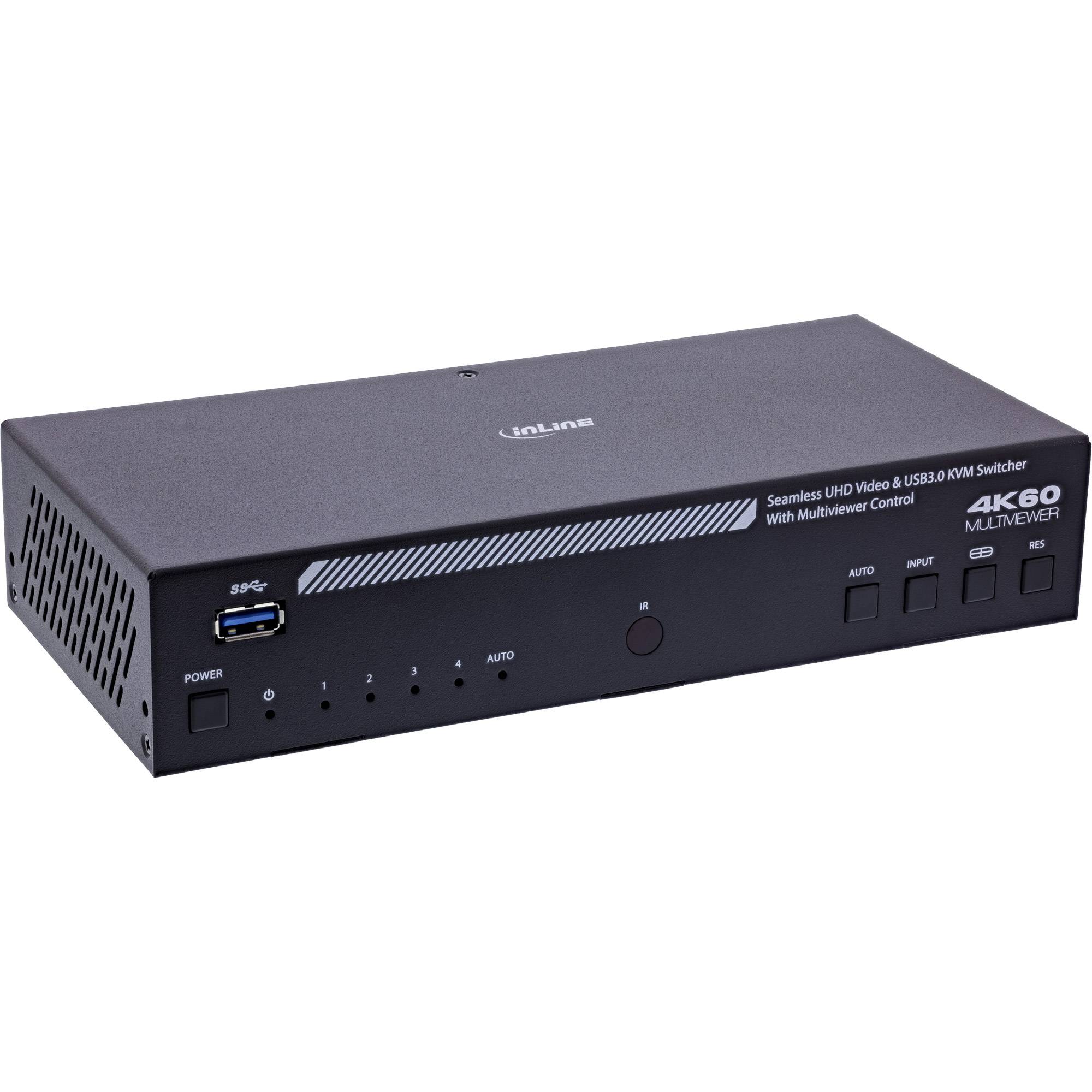 Ein schwarzer 4K60 Multiviewer-Switcher mit mehreren Eingabetasten, USB-Anschlüssen und LED-Anzeigen, von der Marke 'Unilav', aus einem Winkel aufgenommen.