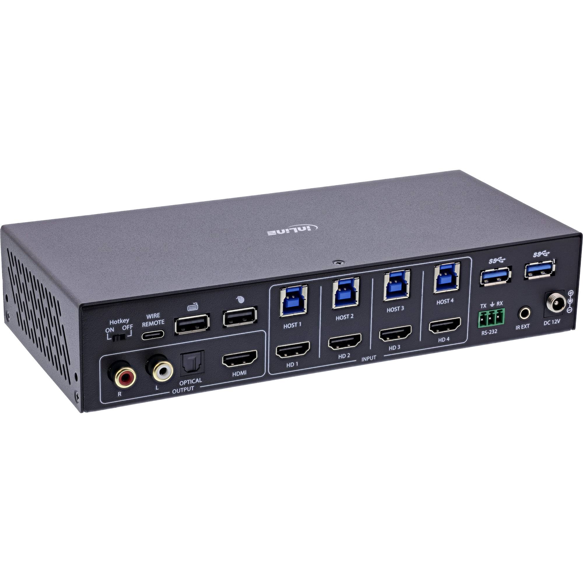 Ein schwarzer Audio-Video-Receiver verfügt über mehrere HDMI- und USB-Anschlüsse, optische und Mikrofonanschlüsse sowie verschiedene Eingabeoptionen auf dem Rückpanel.