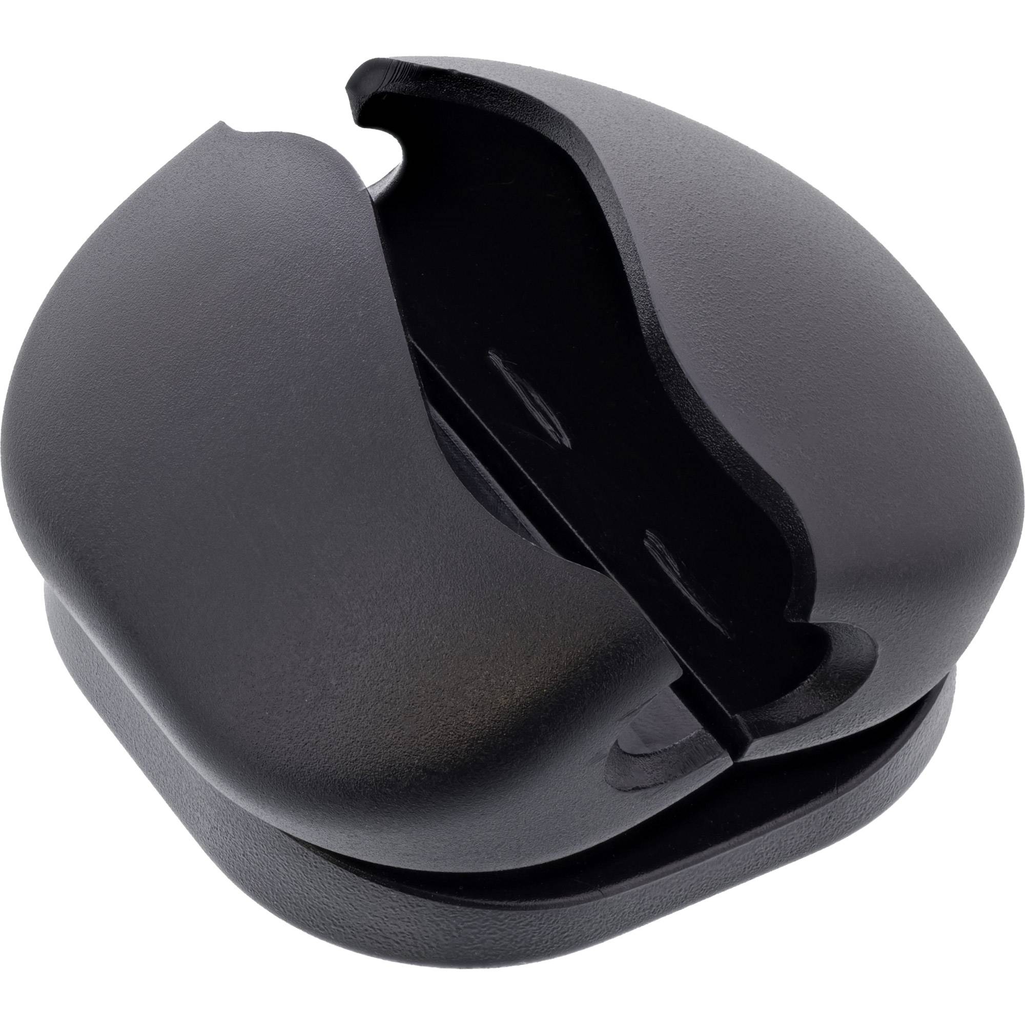 Eine schwarze, geschwungene Plastikabdeckung, die dazu dient, ein Objekt zu schützen oder zu halten, mit einer offenen Seite und einer Innenkerbe für sicheren Halt.
