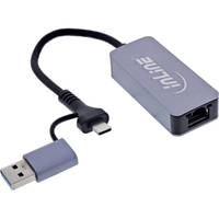 Ein USB-zu-Ethernet-Adapter mit einem USB-3.0-Anschluss auf der einen Seite und einem Ethernet-Port auf der anderen. Der Adapter ist grau und trägt die Aufschrift ‚InLine'.