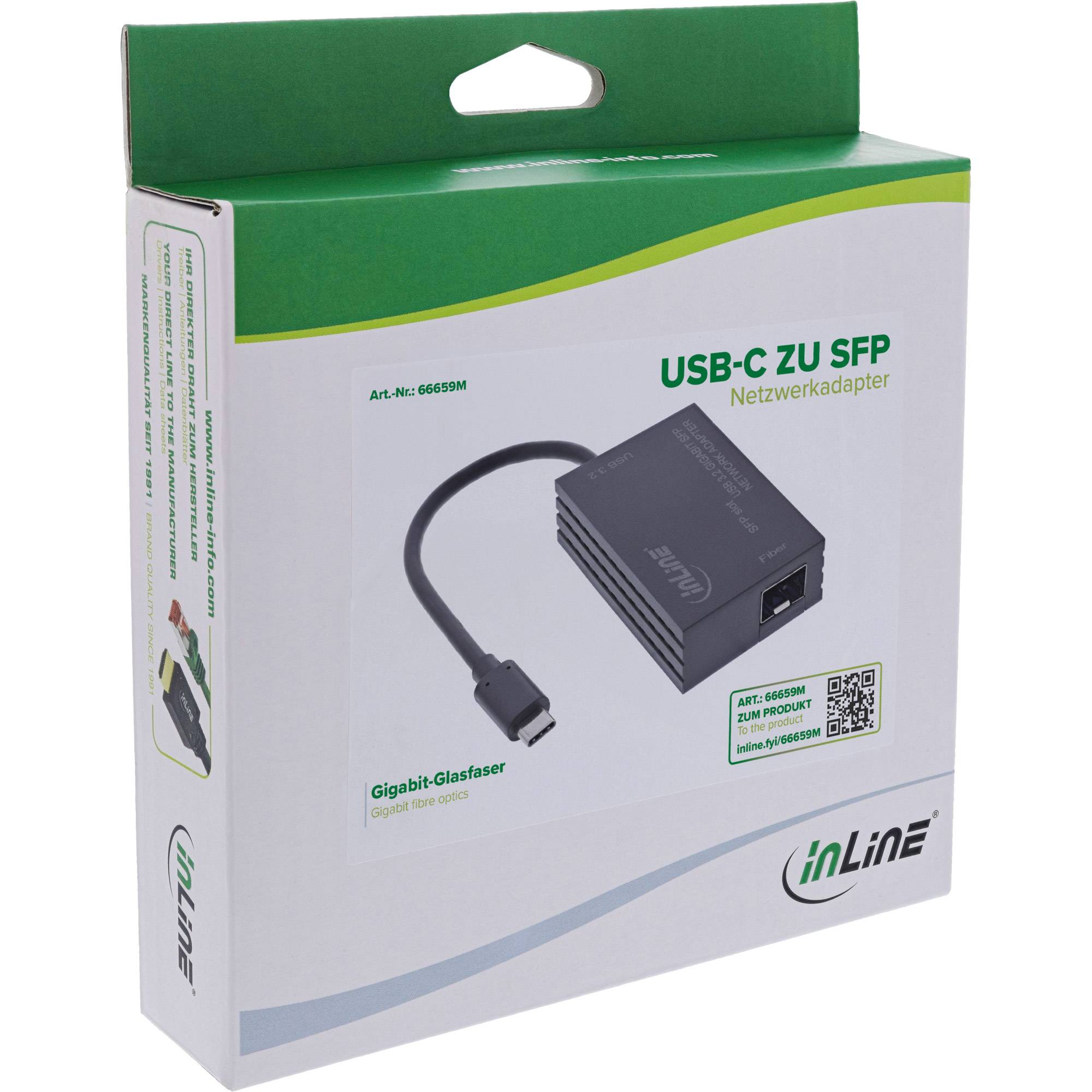 USB-C zu SFP Netzwerkadapter Verpackung, die den Adapter mit einem USB-C-Anschluss und SFP-Port zeigt. Marke: inLine. Artikelnummer: 66859M.