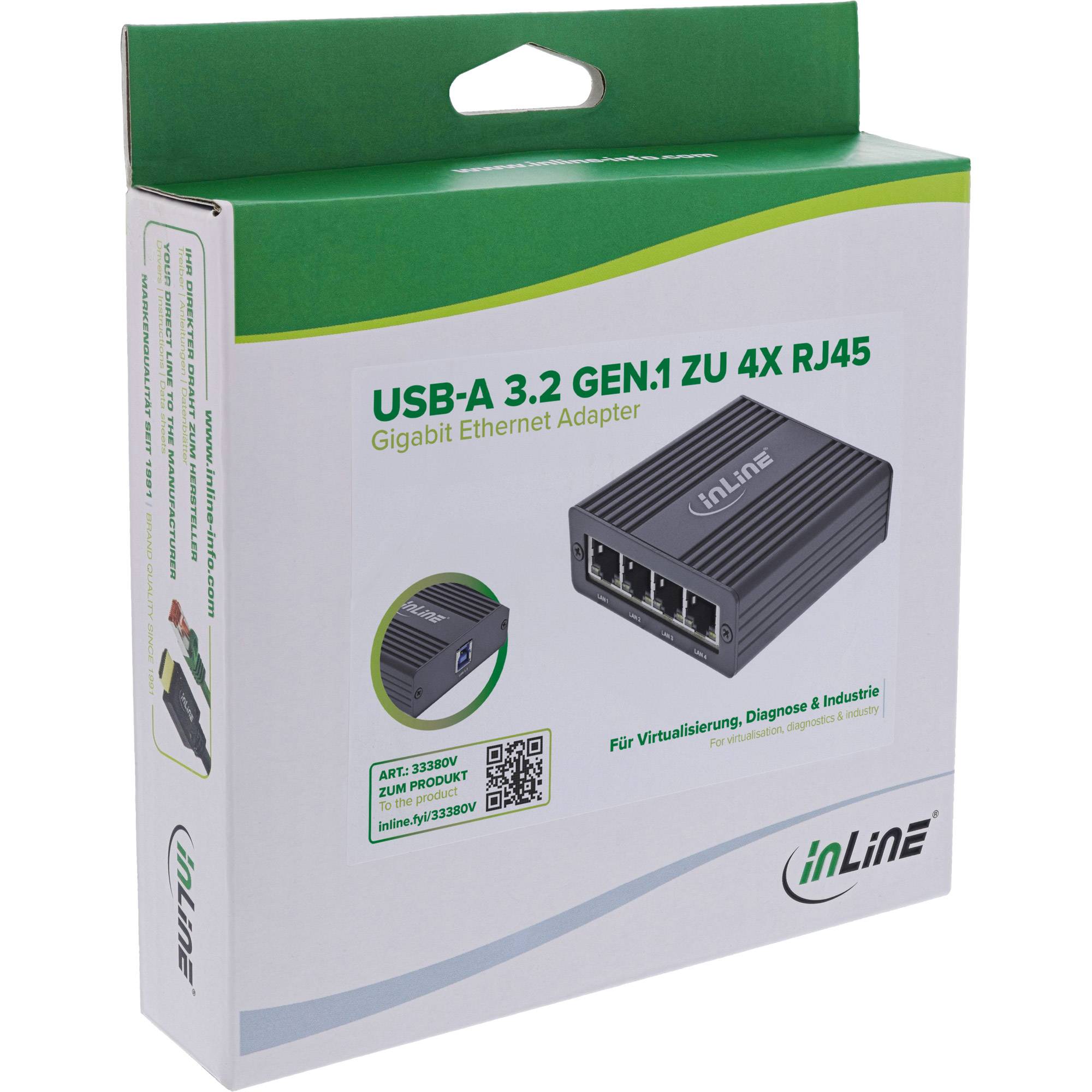 InLine USB-A 3.2 Gen.1 auf 4x RJ45 Gigabit Ethernet Adapter' Verpackung mit Produktbild und Beschreibung für Virtualisierungsanwendungen