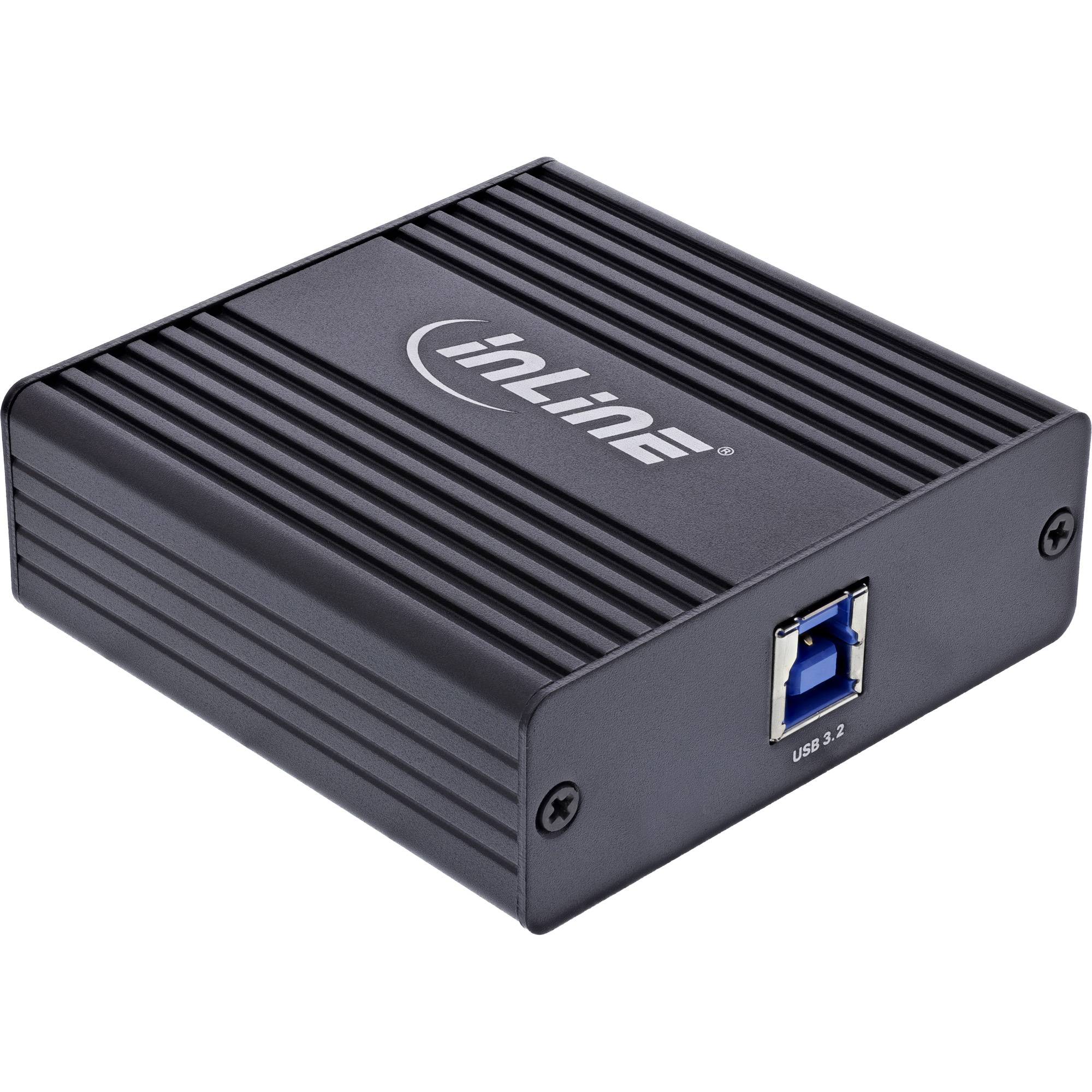 Inline' schwarzer USB 3.0 Hub mit einem USB-Anschluss, entwickelt zum Verbinden mehrerer Geräte und mit Fokus auf Geschwindigkeit und Konnektivität.