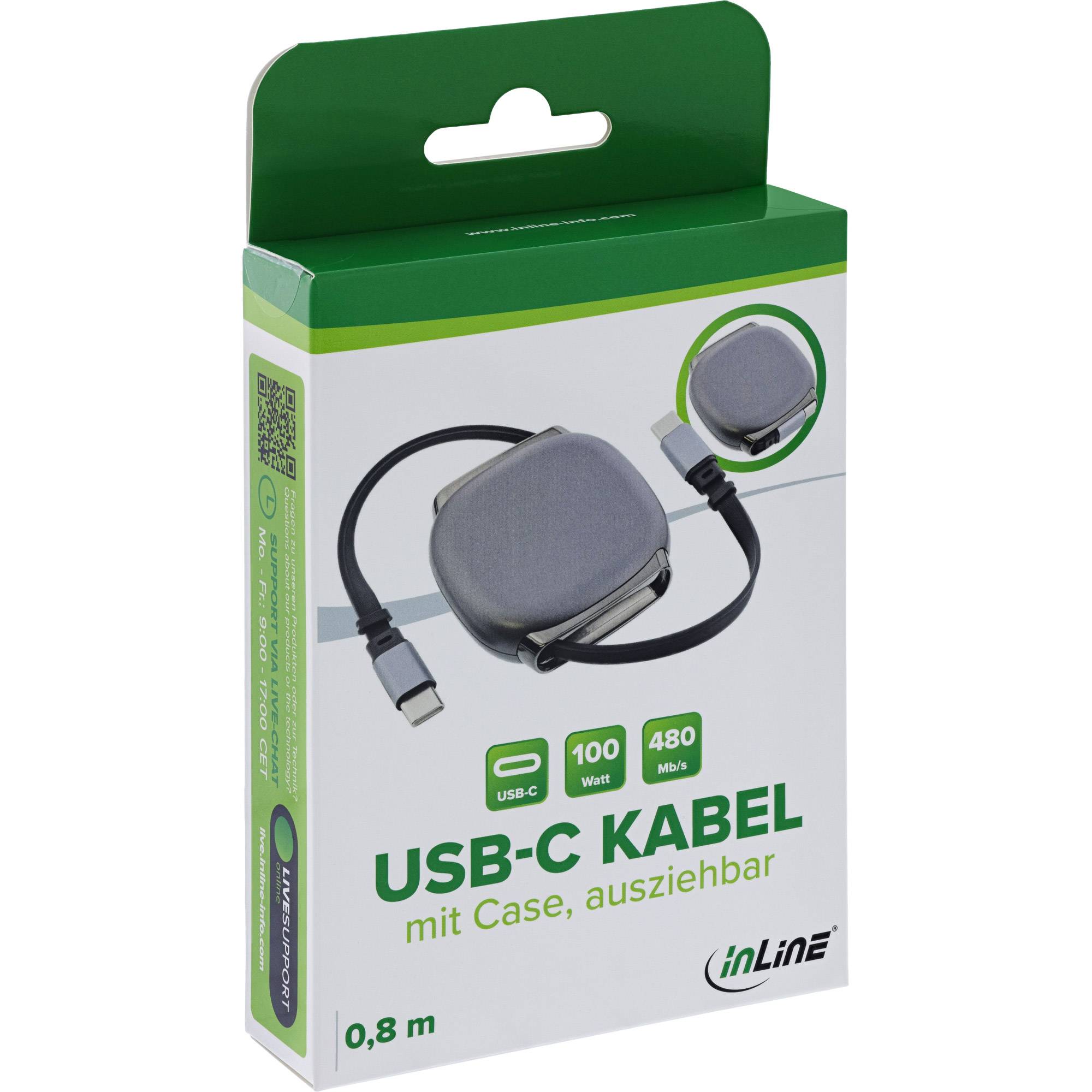USB-C Kabel im Etui mit einziehbarem Kabel, unterstützt 100 Watt und 480 Mbit/s, Länge 0,8 m.