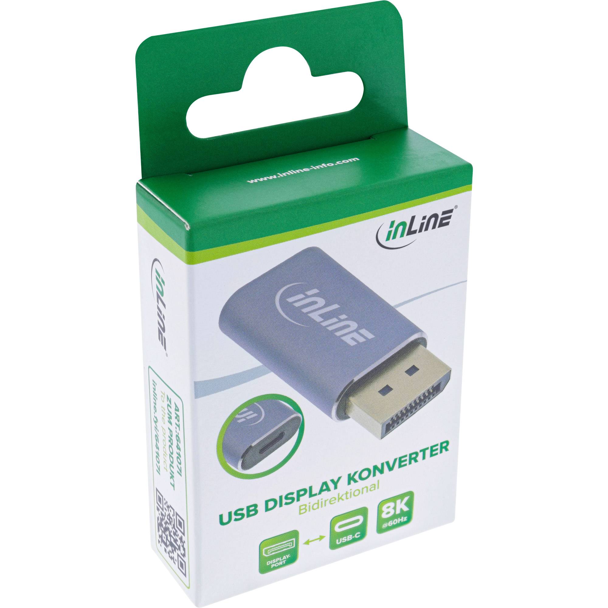 InLine USB Display Converter Box, bidirektional, mit USB-C und 8K-Auflösungsunterstützung. Verpackung zeigt ein Bild des Adapters.