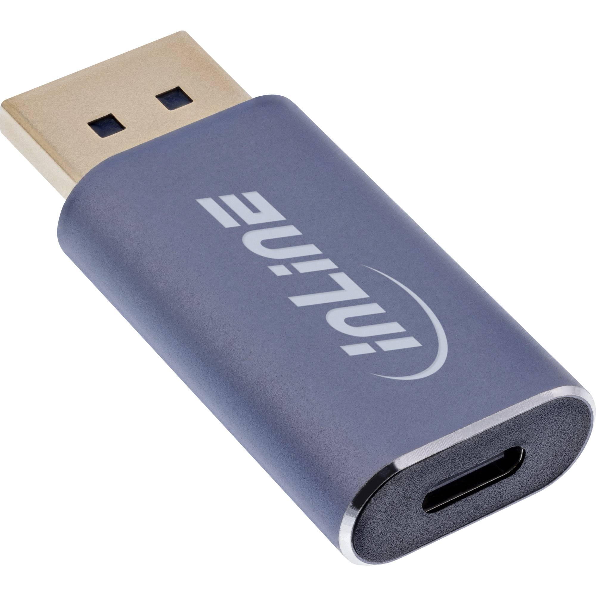 Ein kompakter USB-C zu USB-A Adapter mit Metallgehäuse, entwickelt zum Anschluss von USB-C-Geräten an USB-A-Anschlüsse.