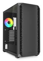 Ein schwarzer Computer-Tower mit einer transparenten Seitenscheibe, die Innenkomponenten und einen bunten LED-Lüfter zeigt.