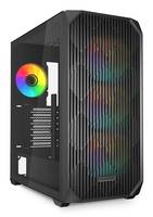 Schwarzes Computer-Tower-Gehäuse mit vertikalen Schlitzen, das die internen RGB-Beleuchtungen der Lüfter präsentiert.