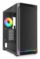 Ein schlanker, schwarzer Computertower mit einem sichtbaren Heckventilator, der bunte RGB-Beleuchtung aufweist, präsentiert modernes Design für Gaming- oder Computereinrichtungen.